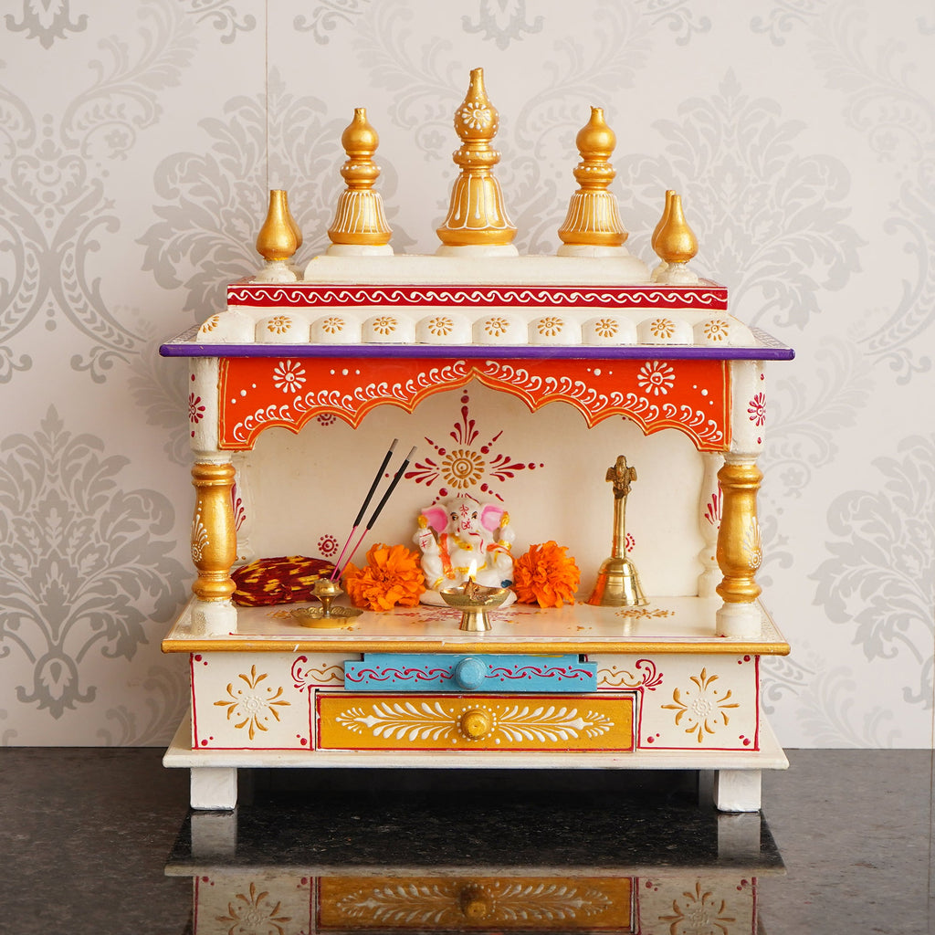 Golden, White and Orange Wooden Pooja Temple/Mandir with Storage Option Kafalo