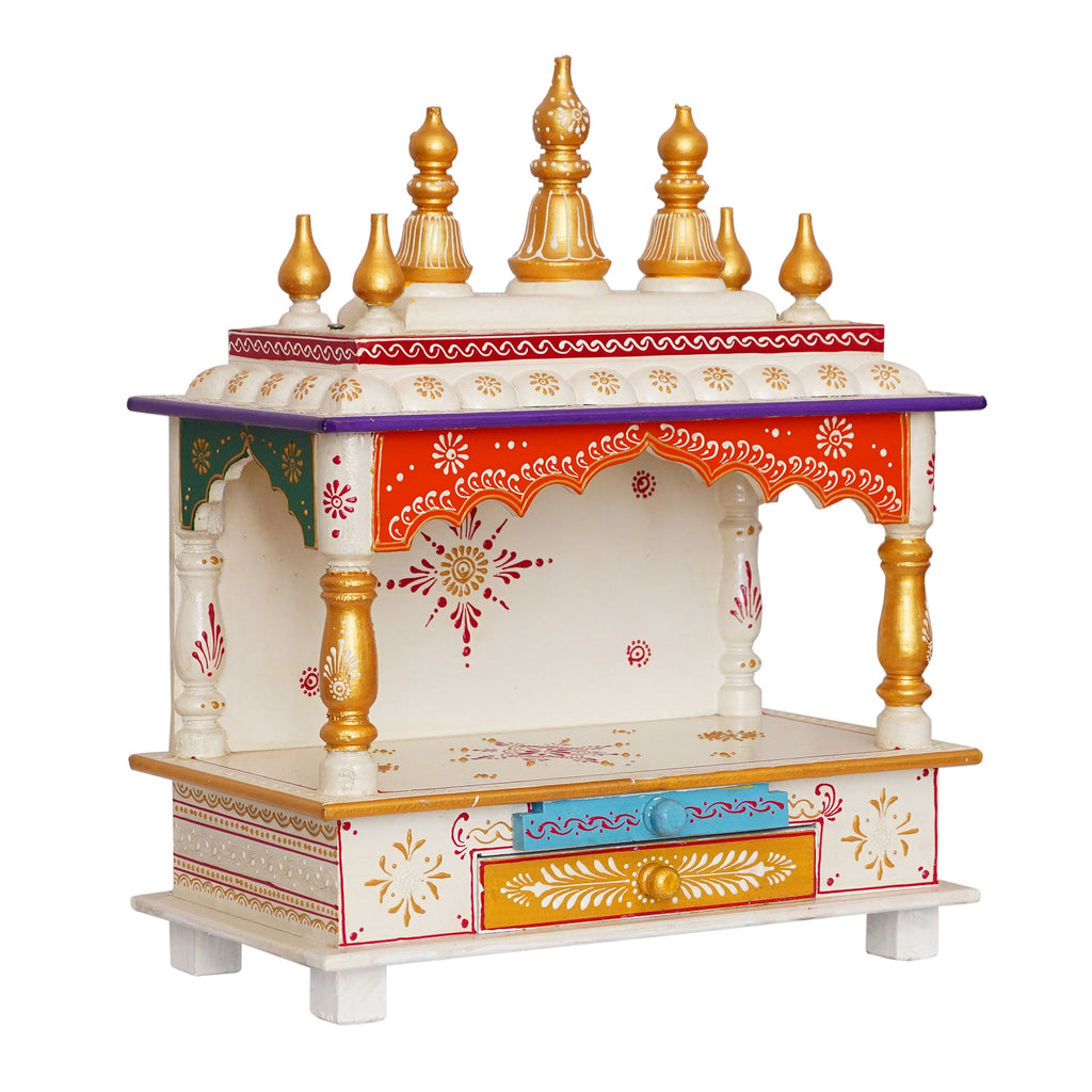 Golden, White and Orange Wooden Pooja Temple/Mandir with Storage Option Kafalo