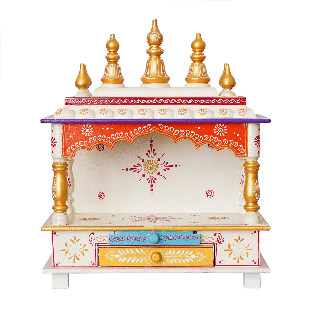 Golden, White and Orange Wooden Pooja Temple/Mandir with Storage Option Kafalo