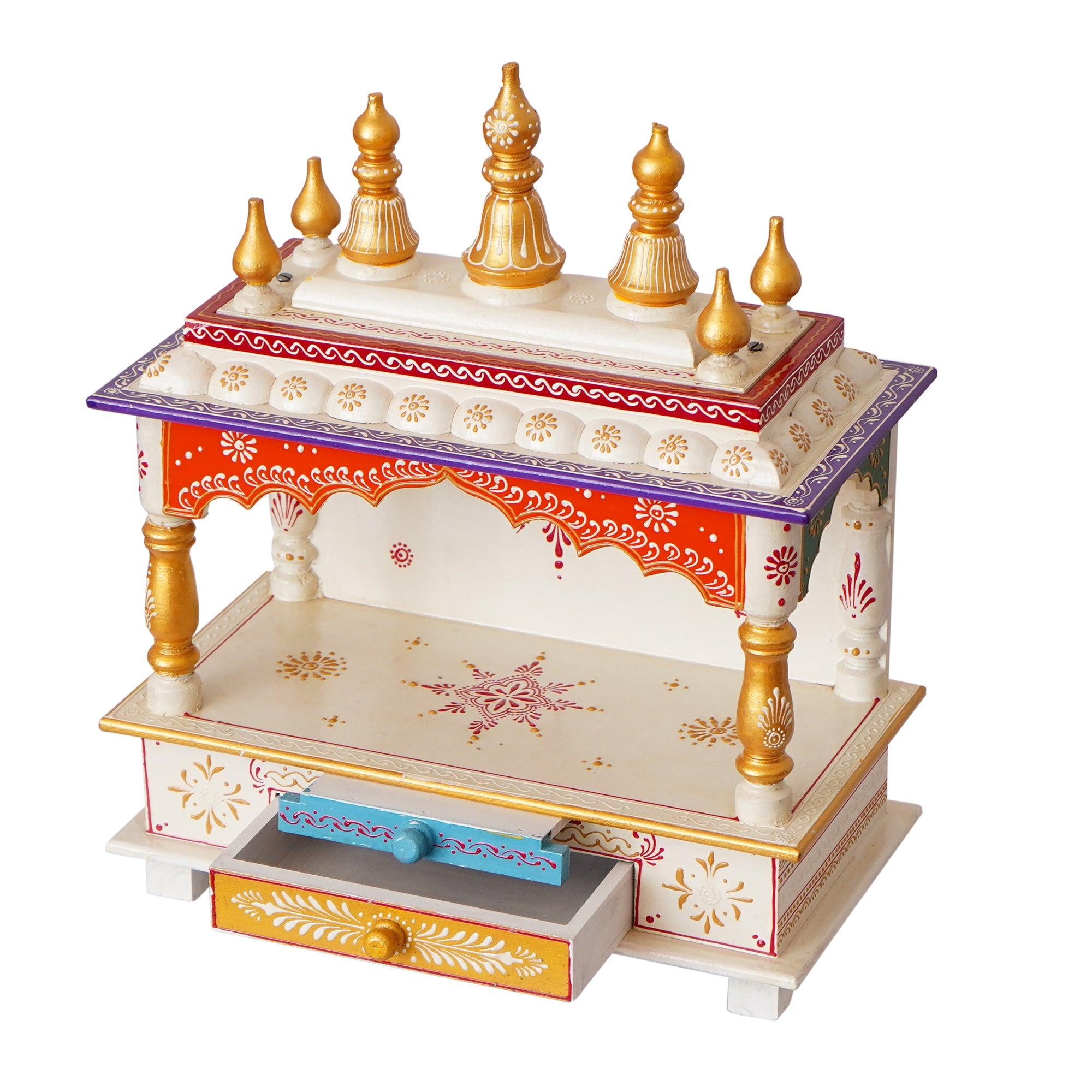 Golden, White and Orange Wooden Pooja Temple/Mandir with Storage Option Kafalo