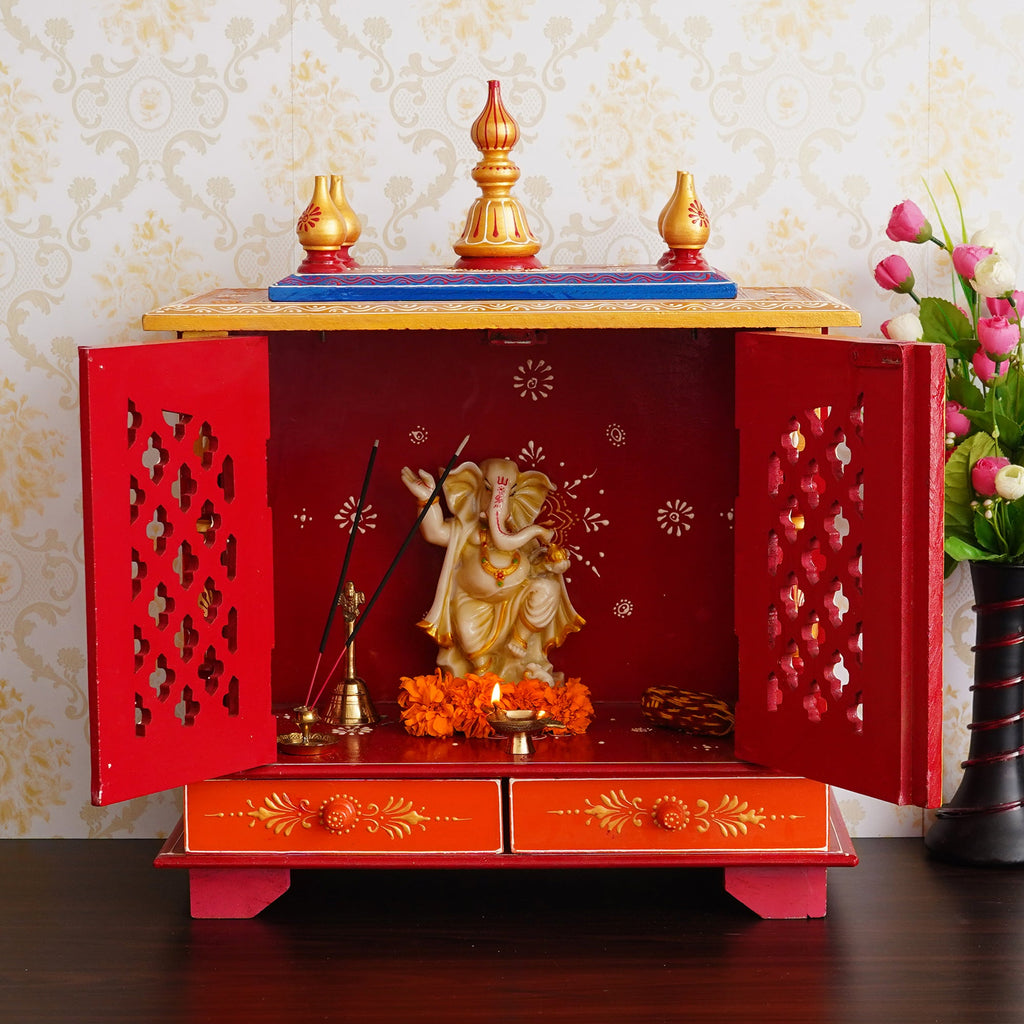 Red and Blue Wooden Pooja Temple/Mandir with Door and Storage Option Kafalo