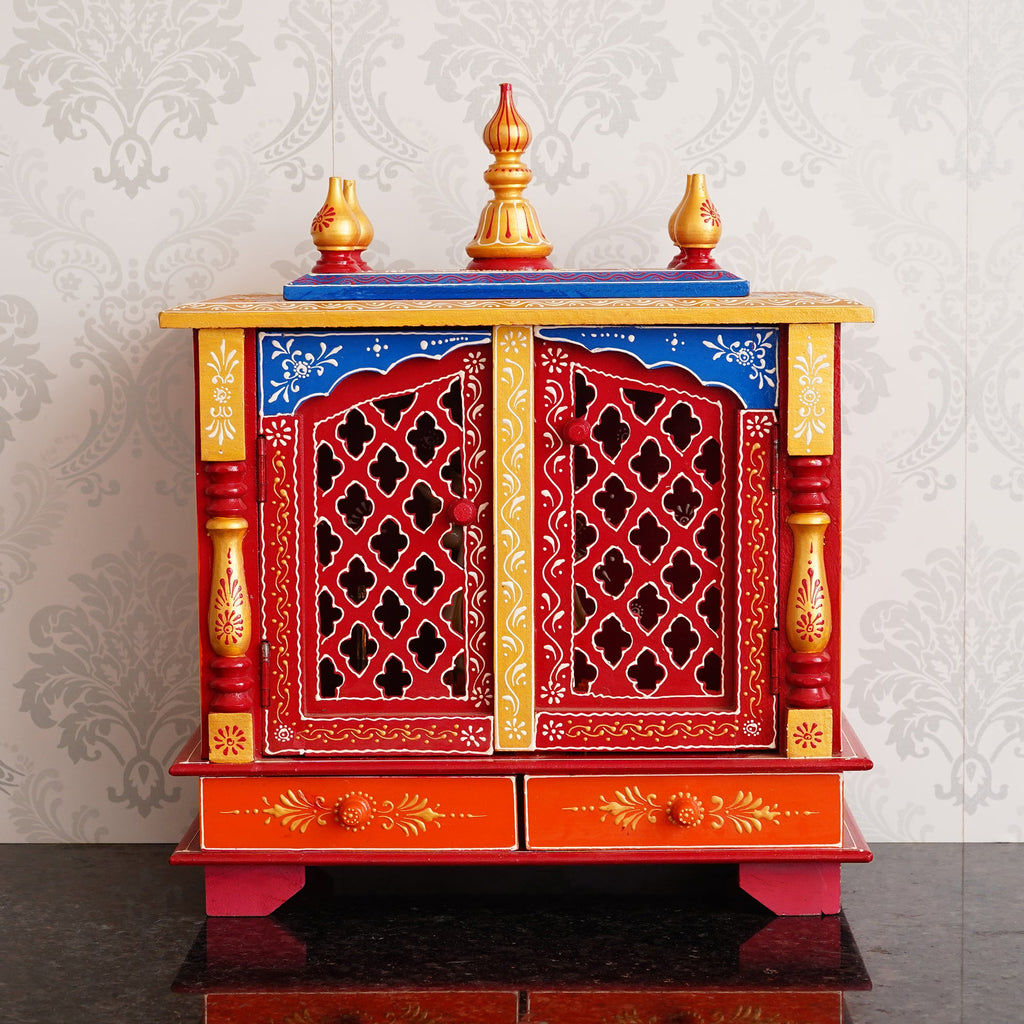 Red and Blue Wooden Pooja Temple/Mandir with Door and Storage Option Kafalo