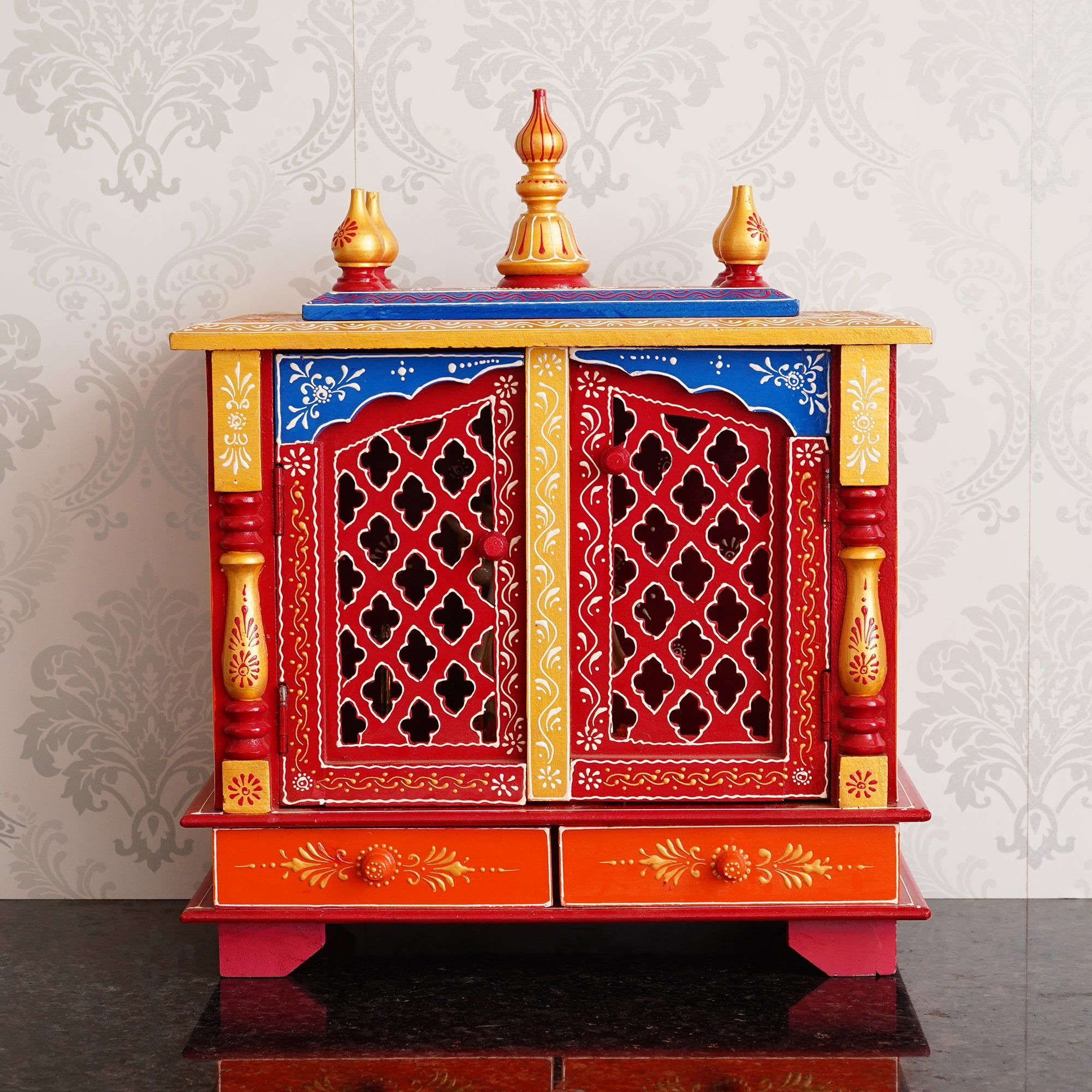 Red and Blue Wooden Pooja Temple/Mandir with Door and Storage Option Kafalo
