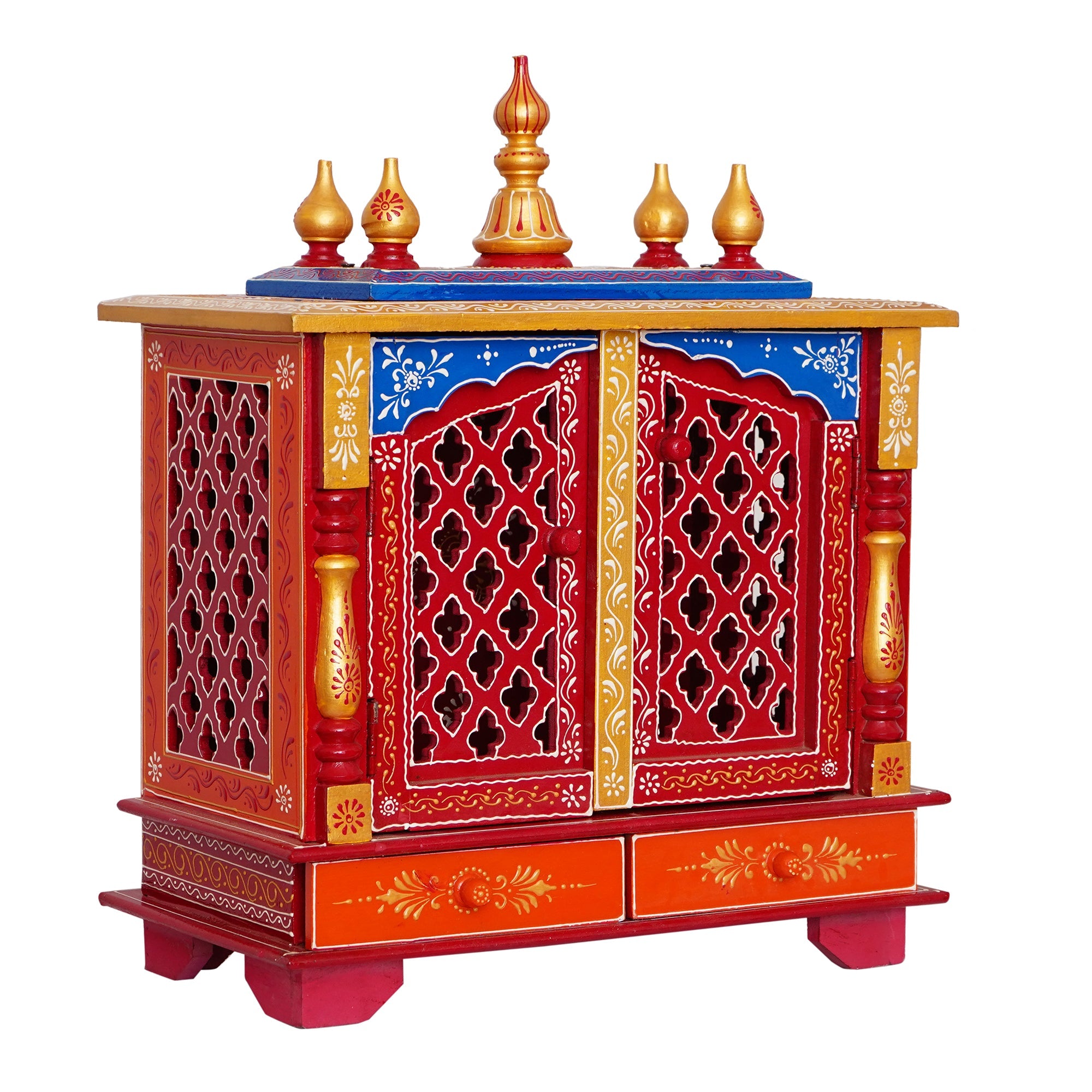 Red and Blue Wooden Pooja Temple/Mandir with Door and Storage Option Kafalo