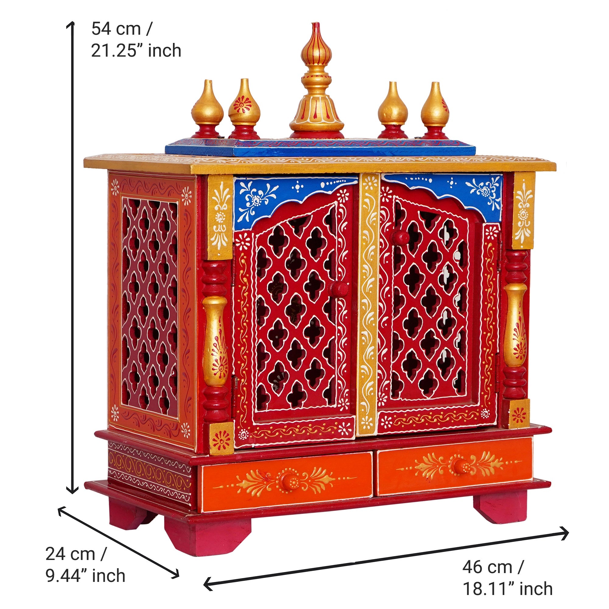 Red and Blue Wooden Pooja Temple/Mandir with Door and Storage Option Kafalo