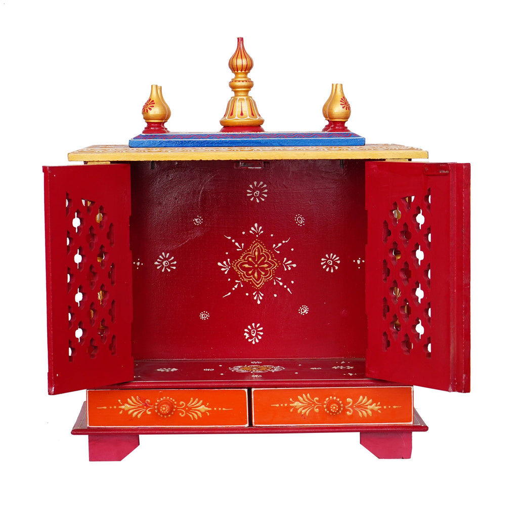 Red and Blue Wooden Pooja Temple/Mandir with Door and Storage Option Kafalo