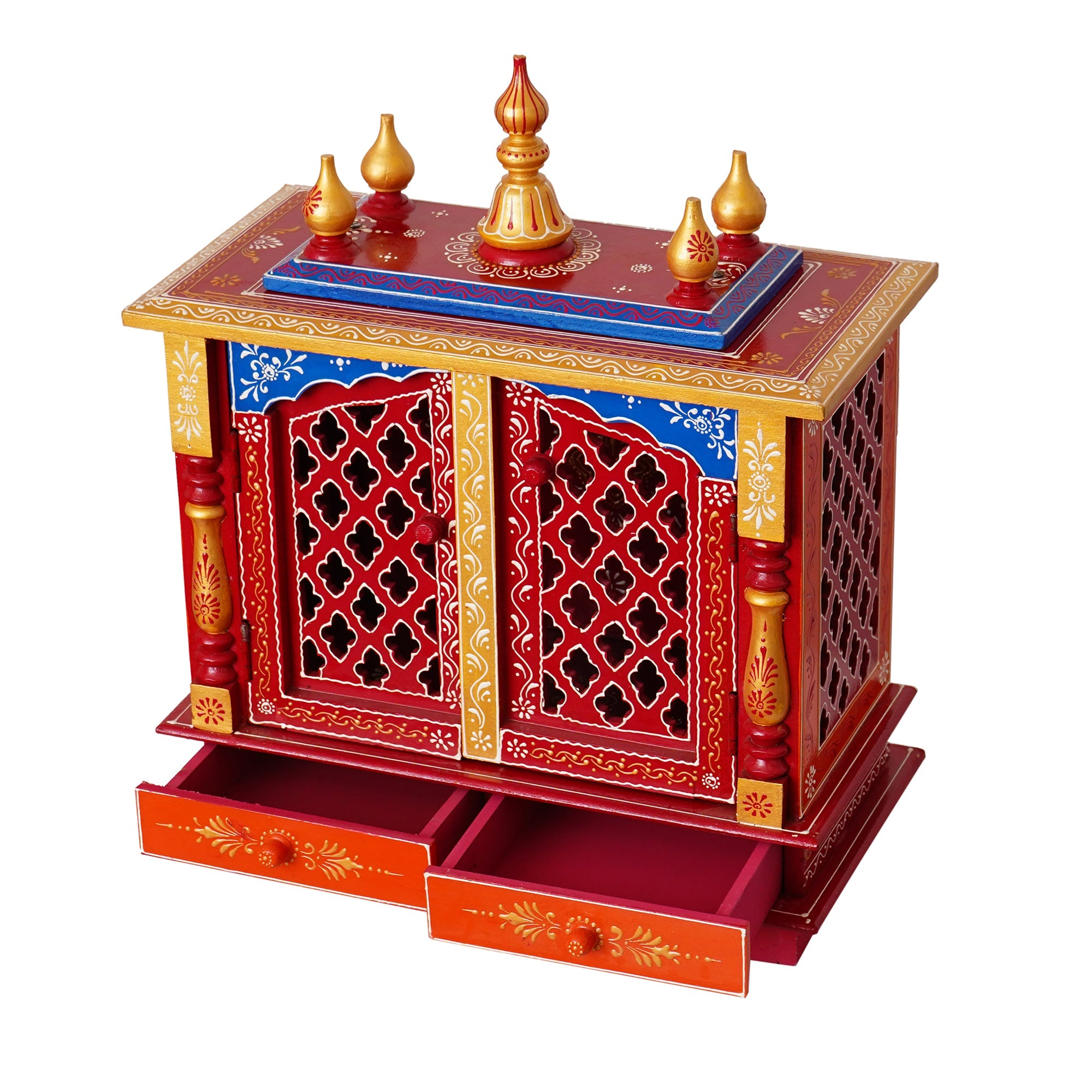 Red and Blue Wooden Pooja Temple/Mandir with Door and Storage Option Kafalo