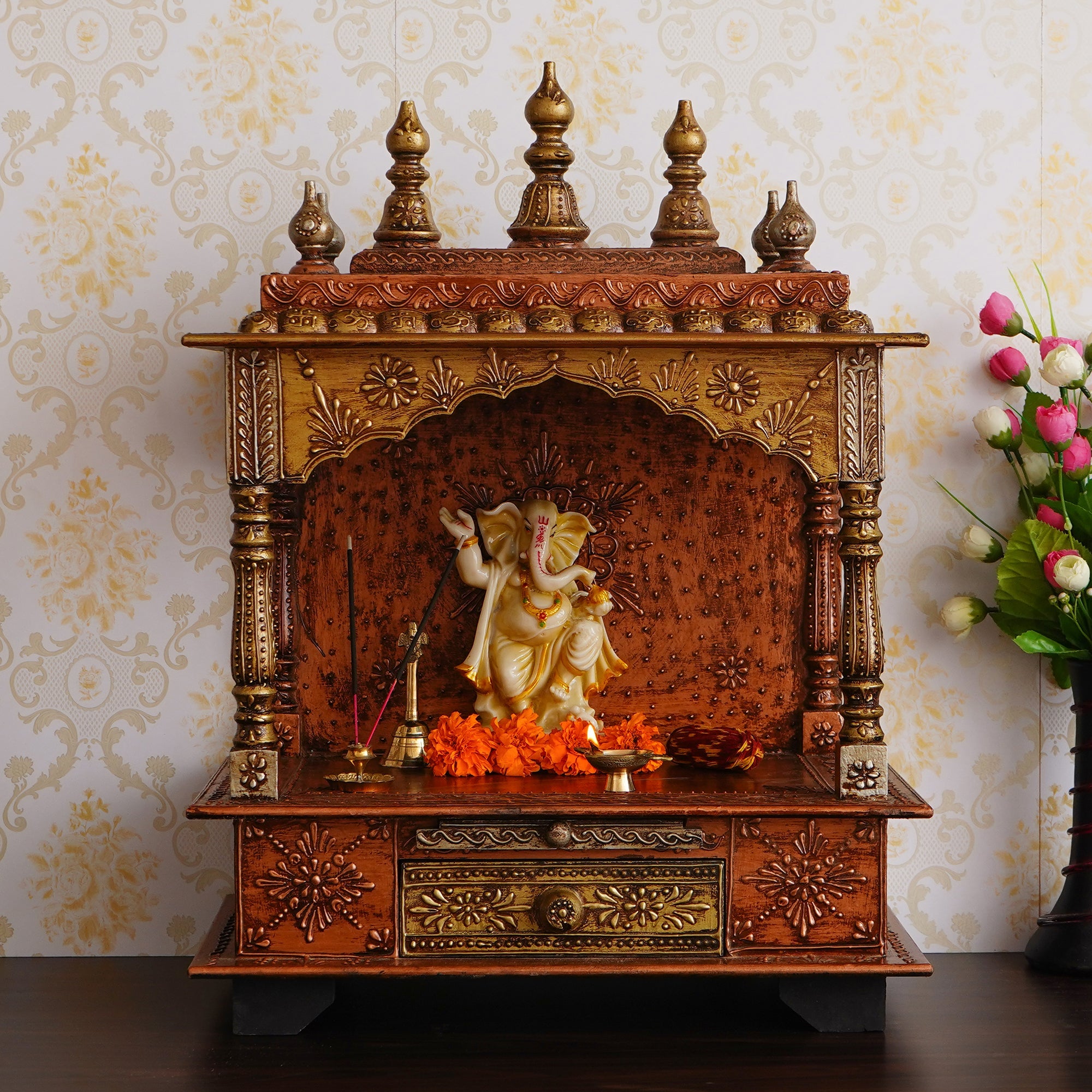 Brown Wooden Pooja Temple/Mandir with Storage Option Kafalo
