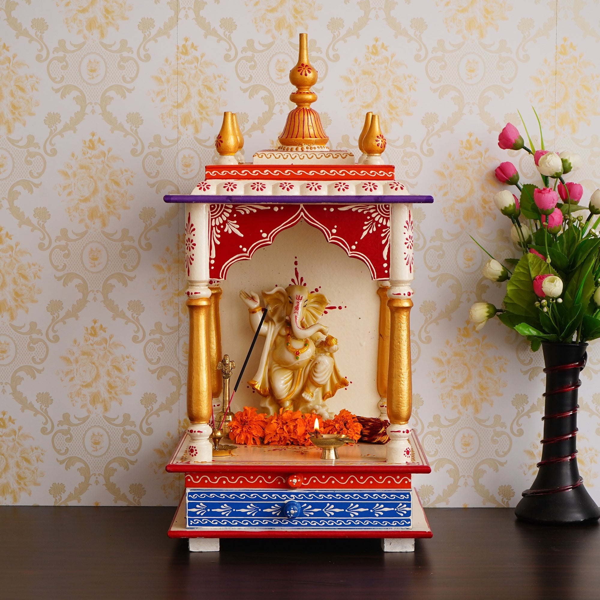 White, Red and Golden Wooden Pooja Temple/Mandir with Storage Option Kafalo