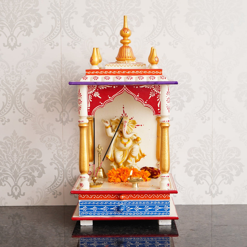 White, Red and Golden Wooden Pooja Temple/Mandir with Storage Option Kafalo