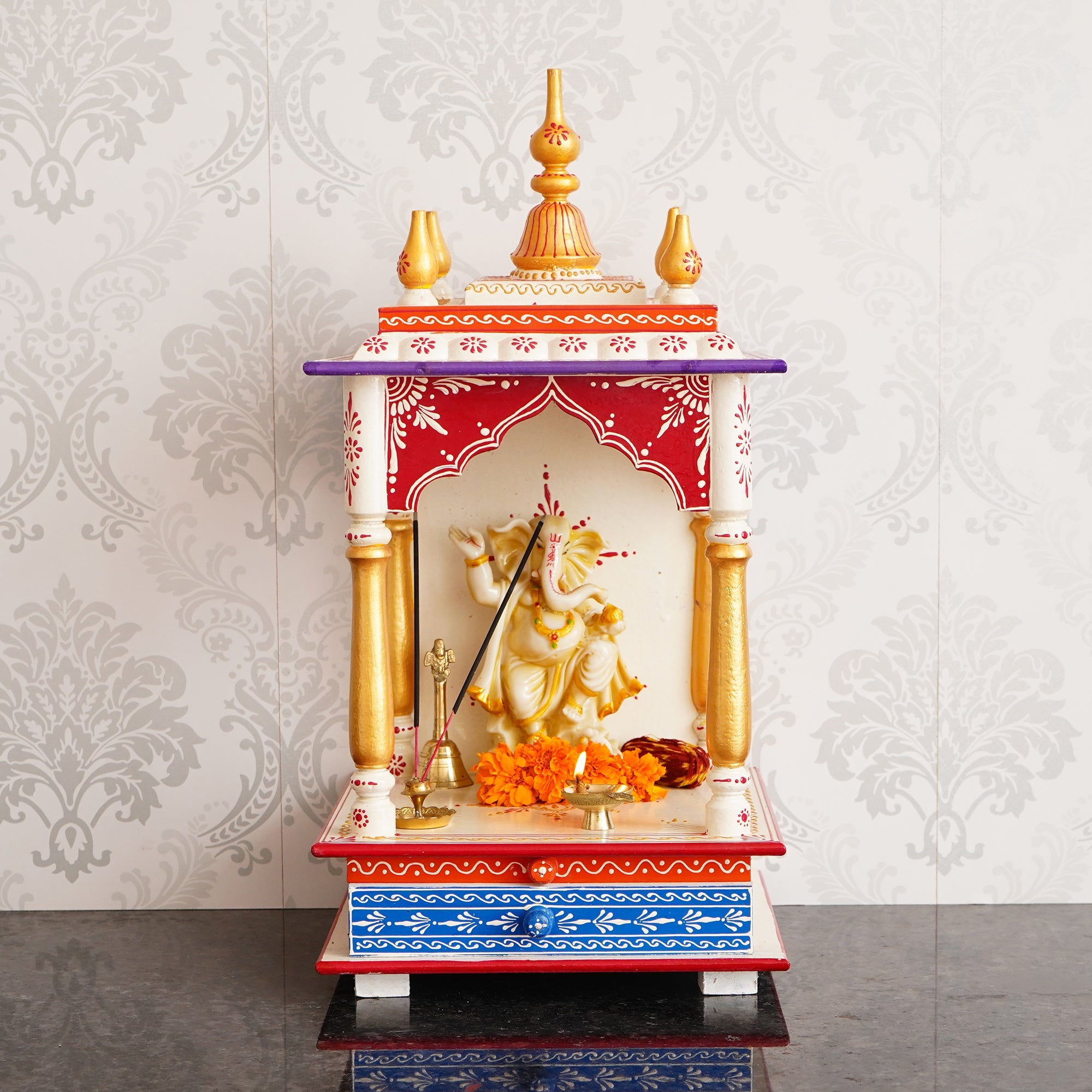 White, Red and Golden Wooden Pooja Temple/Mandir with Storage Option Kafalo