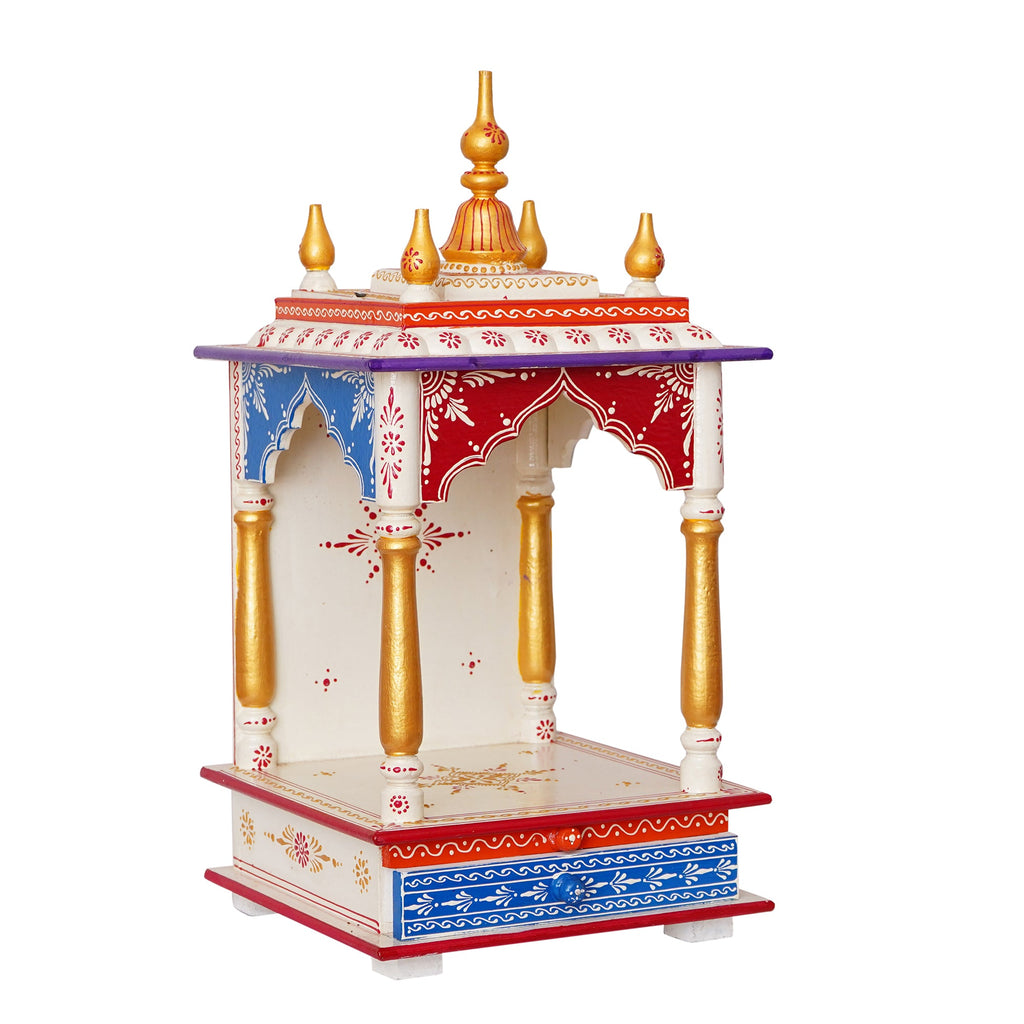 White, Red and Golden Wooden Pooja Temple/Mandir with Storage Option Kafalo