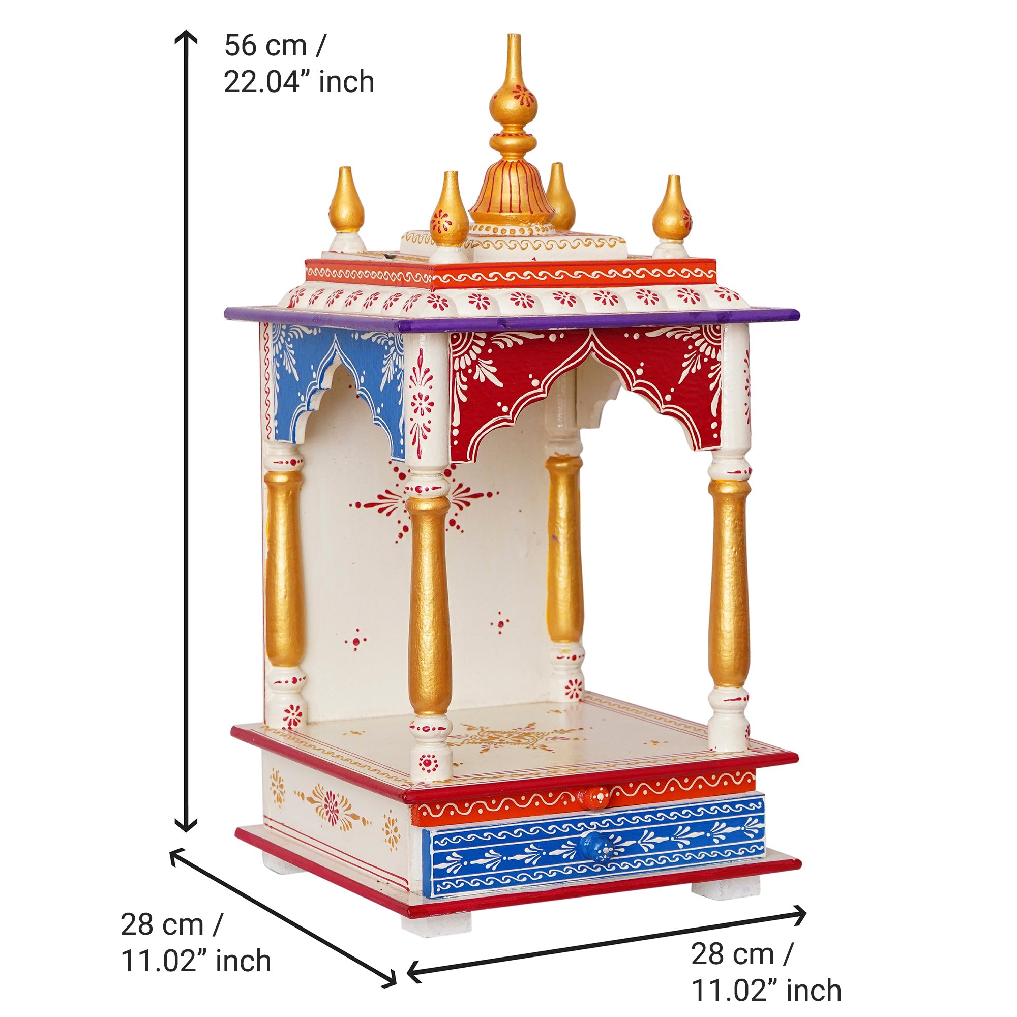 White, Red and Golden Wooden Pooja Temple/Mandir with Storage Option Kafalo