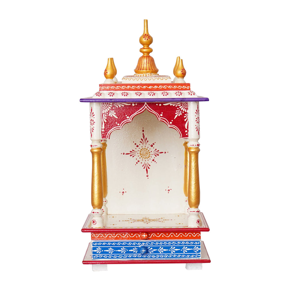 White, Red and Golden Wooden Pooja Temple/Mandir with Storage Option Kafalo