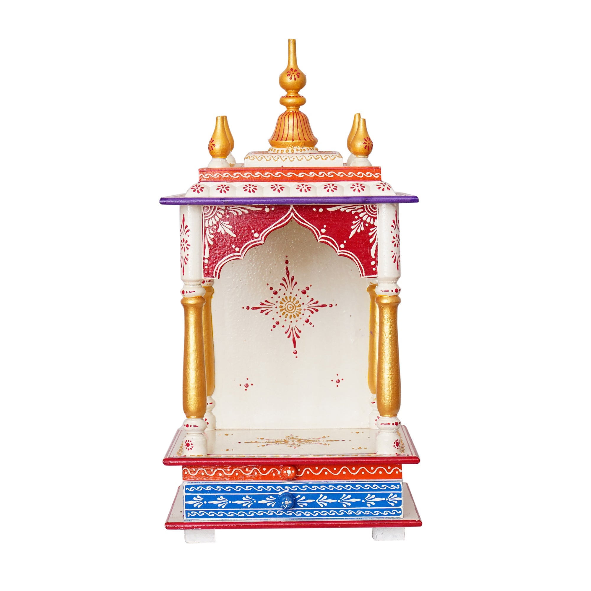 White, Red and Golden Wooden Pooja Temple/Mandir with Storage Option Kafalo
