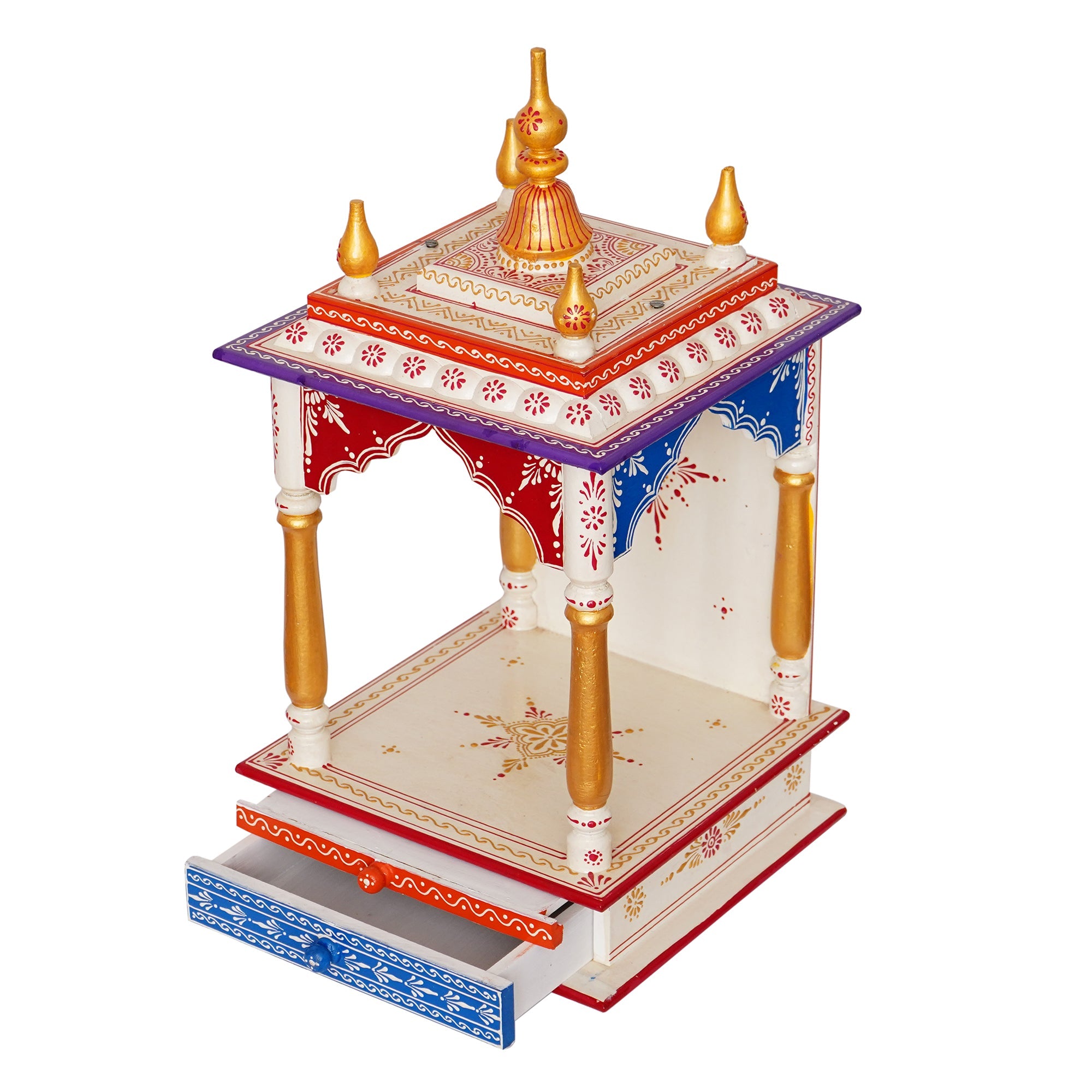 White, Red and Golden Wooden Pooja Temple/Mandir with Storage Option Kafalo