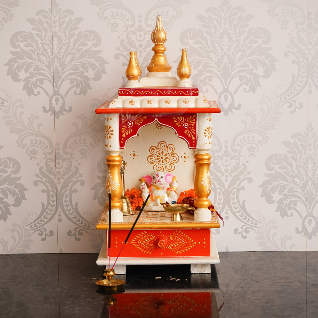White and Red Wood Pooja Temple/Mandir with Storage Option Kafalo