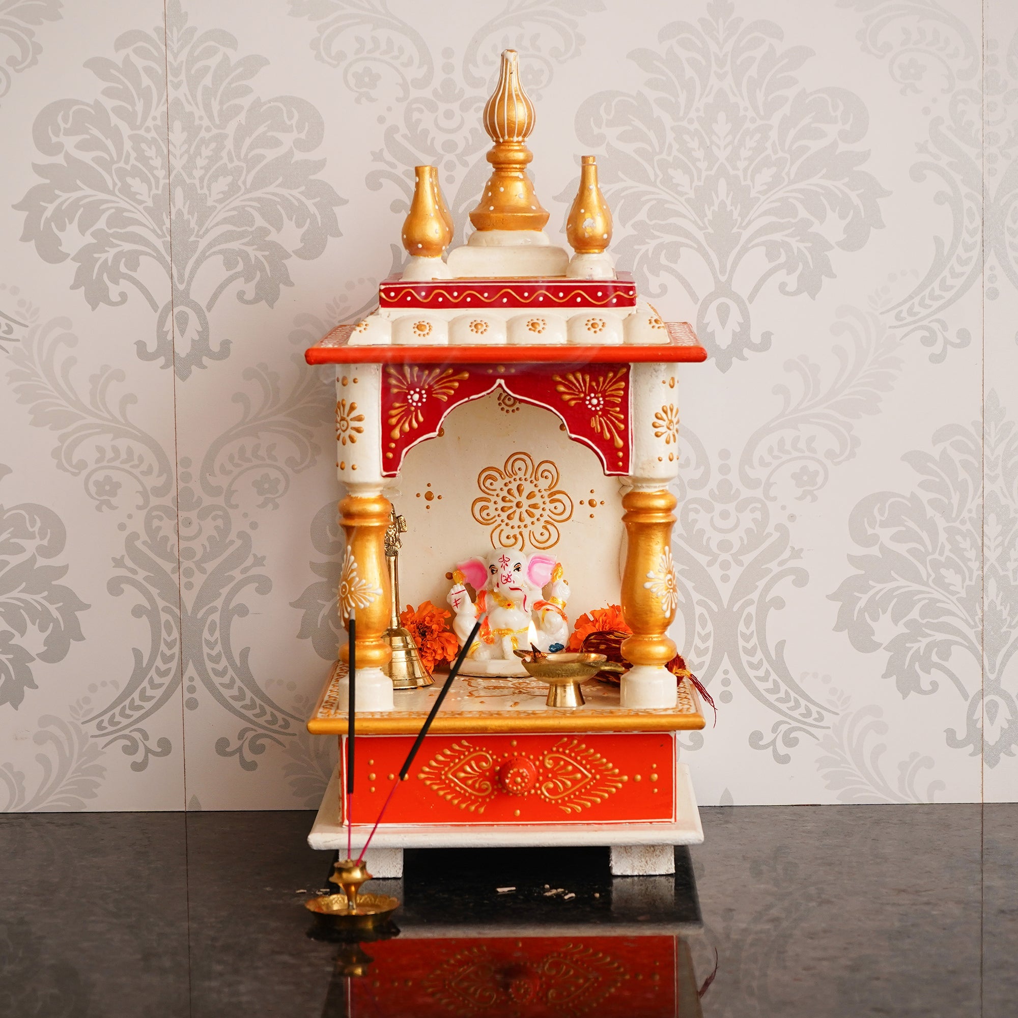 White and Red Wood Pooja Temple/Mandir with Storage Option Kafalo
