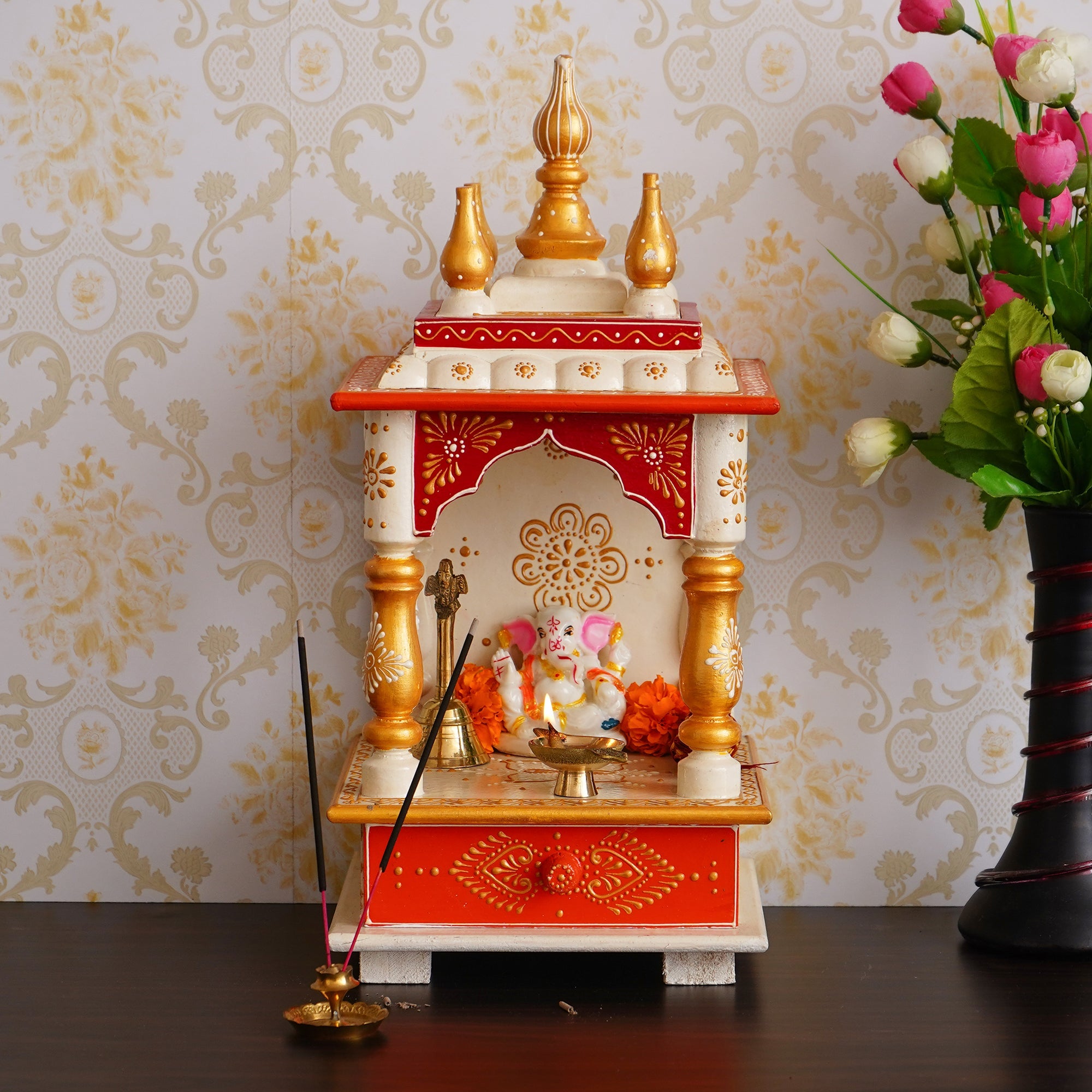 White and Red Wood Pooja Temple/Mandir with Storage Option Kafalo
