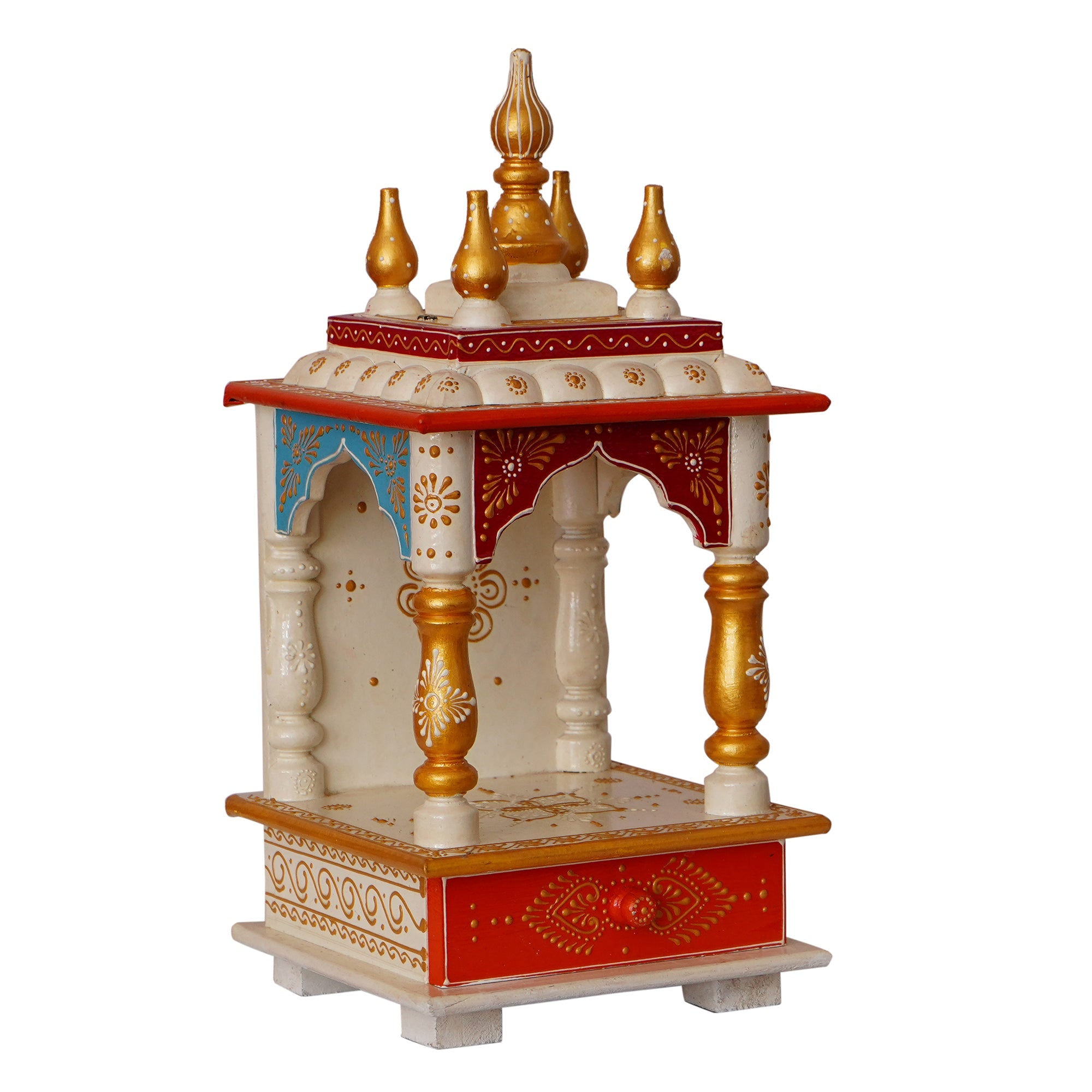 White and Red Wood Pooja Temple/Mandir with Storage Option Kafalo