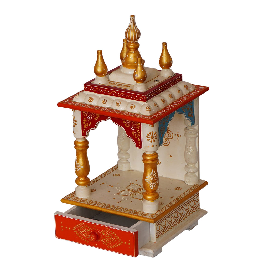 White and Red Wood Pooja Temple/Mandir with Storage Option Kafalo