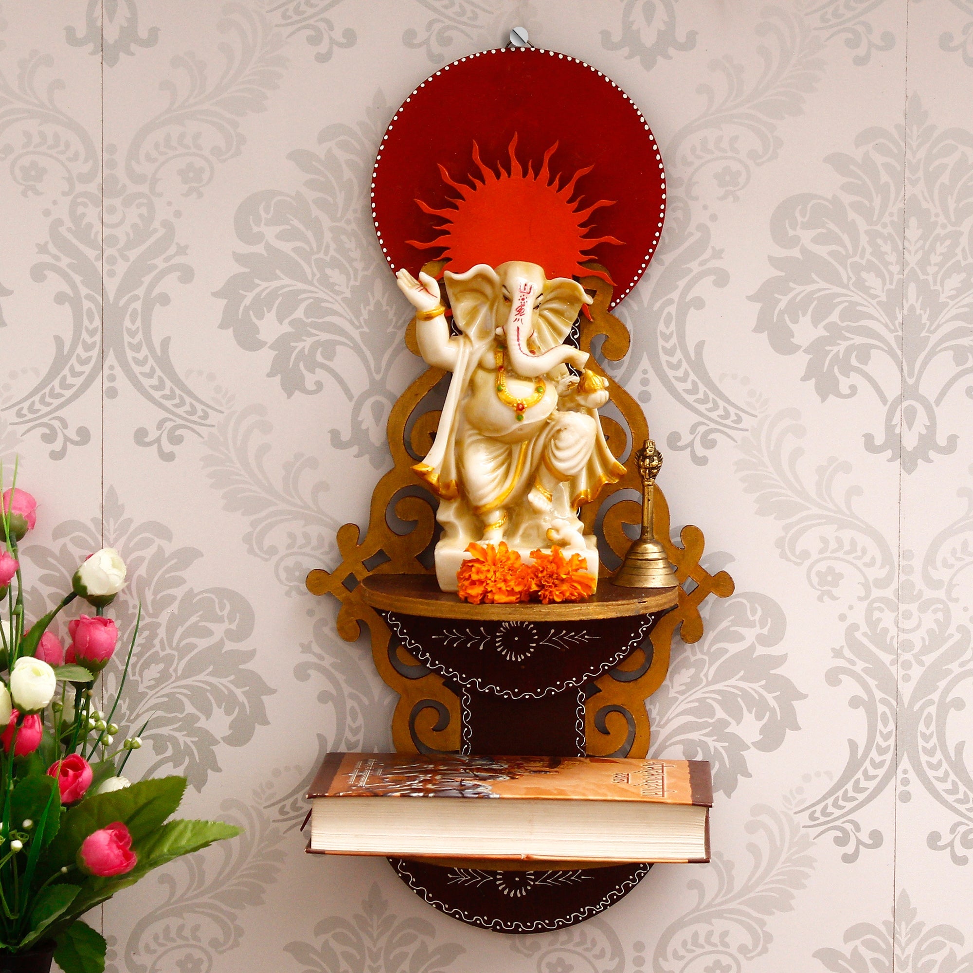Brown & Red MDF Wooden Pooja Temple/Mandir with Additional Shelf Kafalo