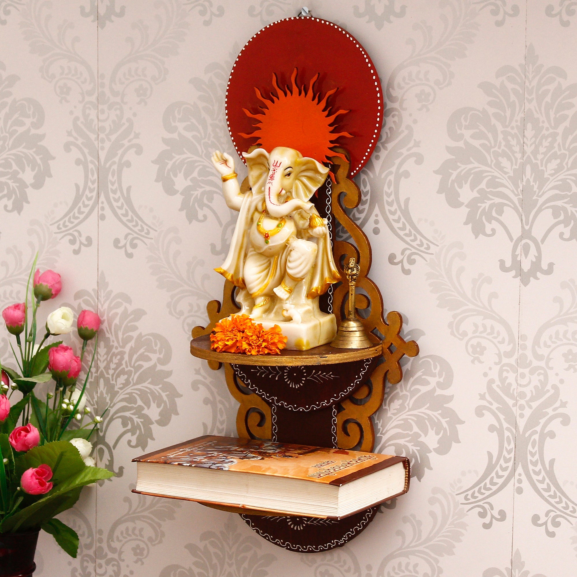 Brown & Red MDF Wooden Pooja Temple/Mandir with Additional Shelf Kafalo