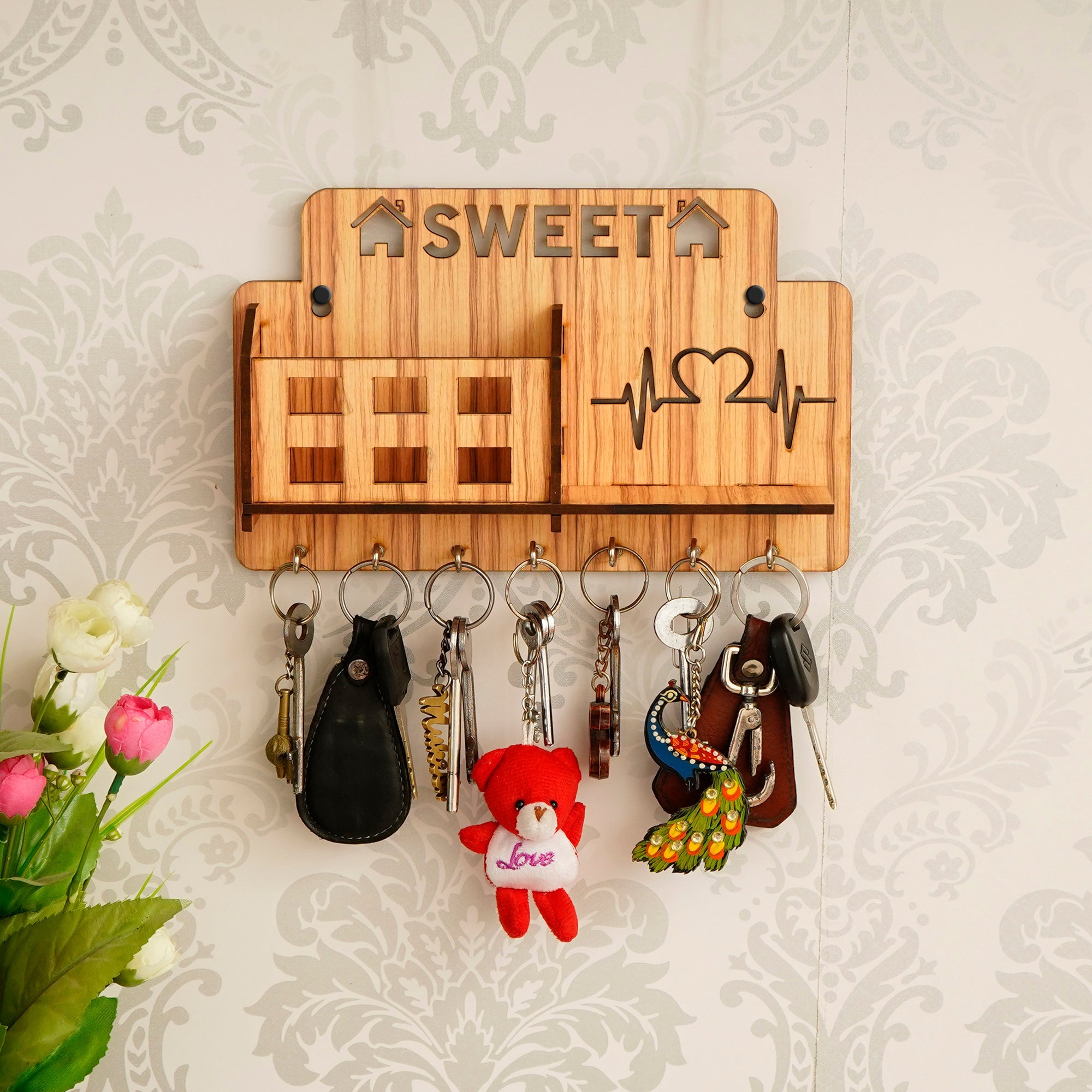 Home Sweet Home Multiutility 7 Hooks Wooden Key Holder And Mobile Holder Kafalo