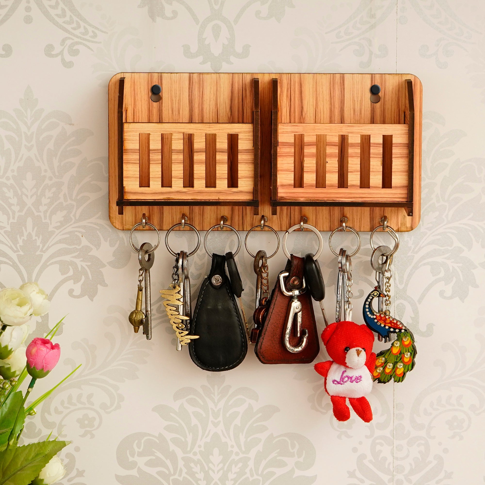 Brown Wooden Multiutility Mobile Holder and 7 Hooks Key holder Kafalo