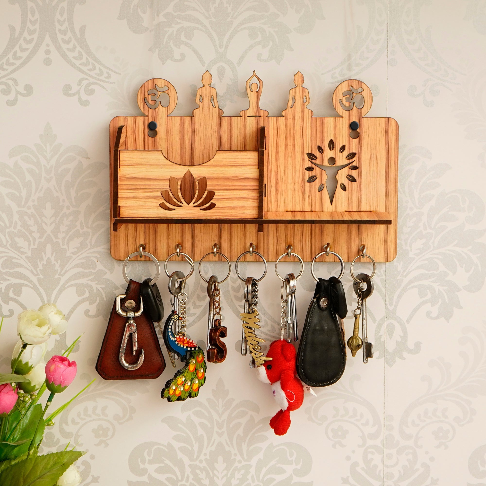Yoga Theme Multiutility 7 Hooks Wooden Key Holder And Mobile Holder Kafalo