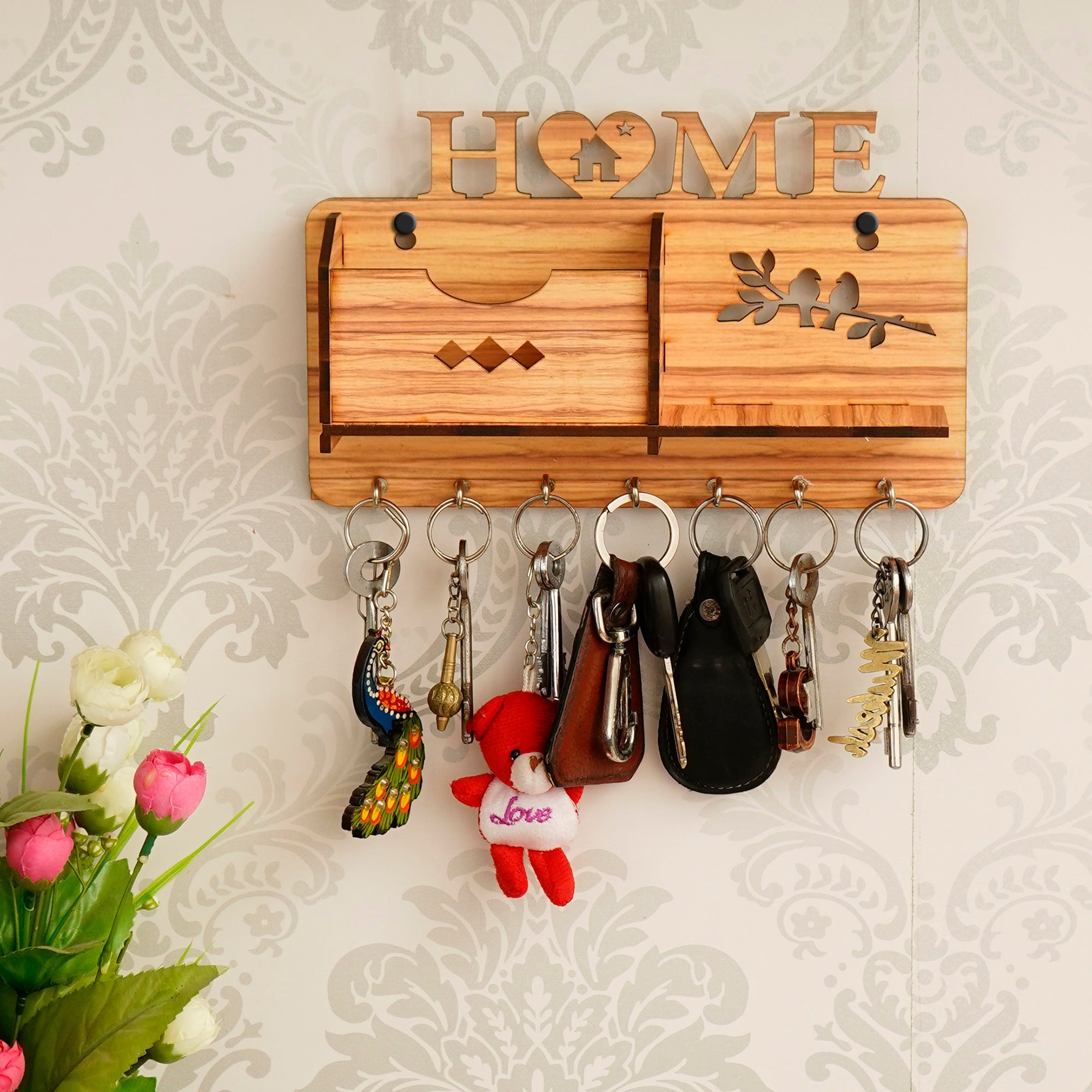 Home Theme Multiutility 7 Hooks Wooden Key Holder And Mobile Holder Kafalo