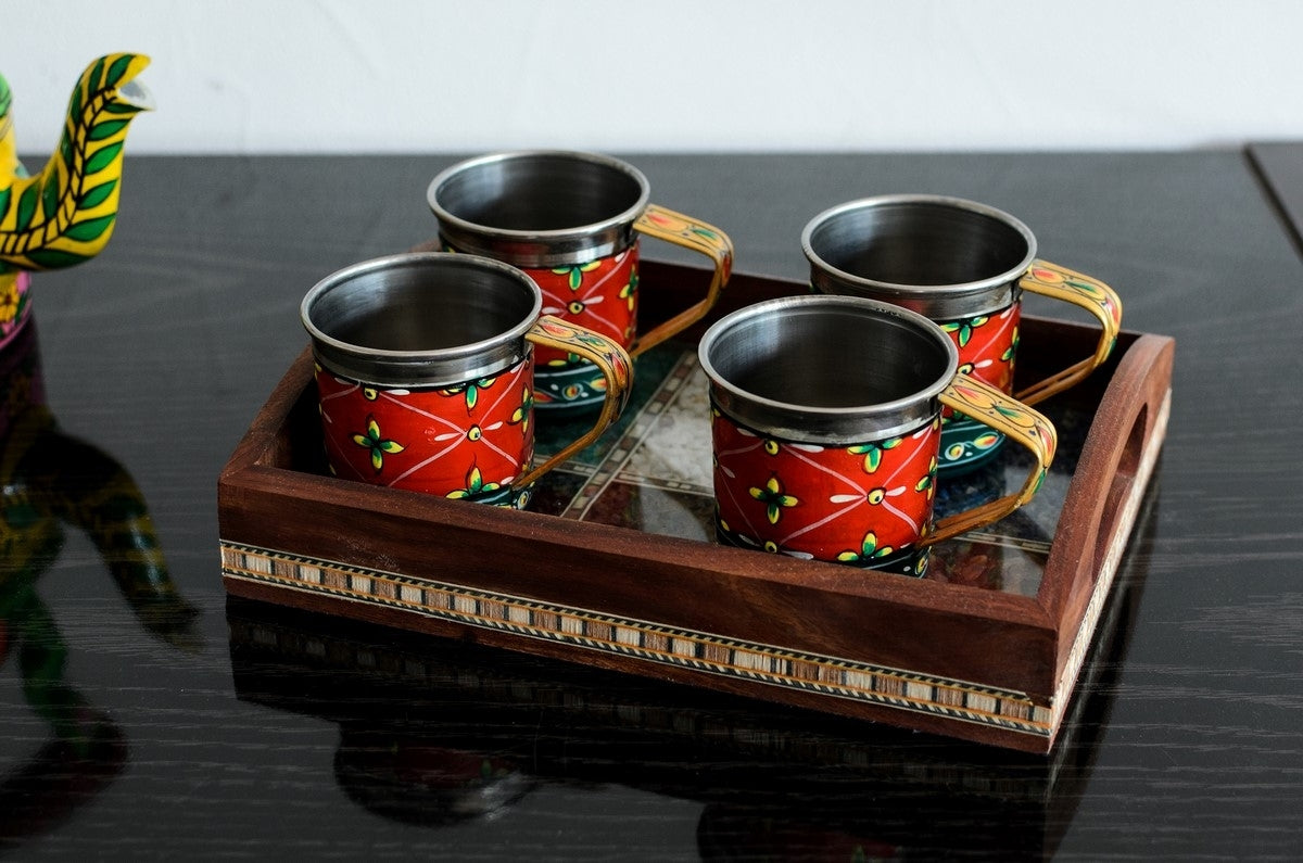 Multipurpose Gemstone Filled Rectangle Brown Wooden Serving Tray Kafalo