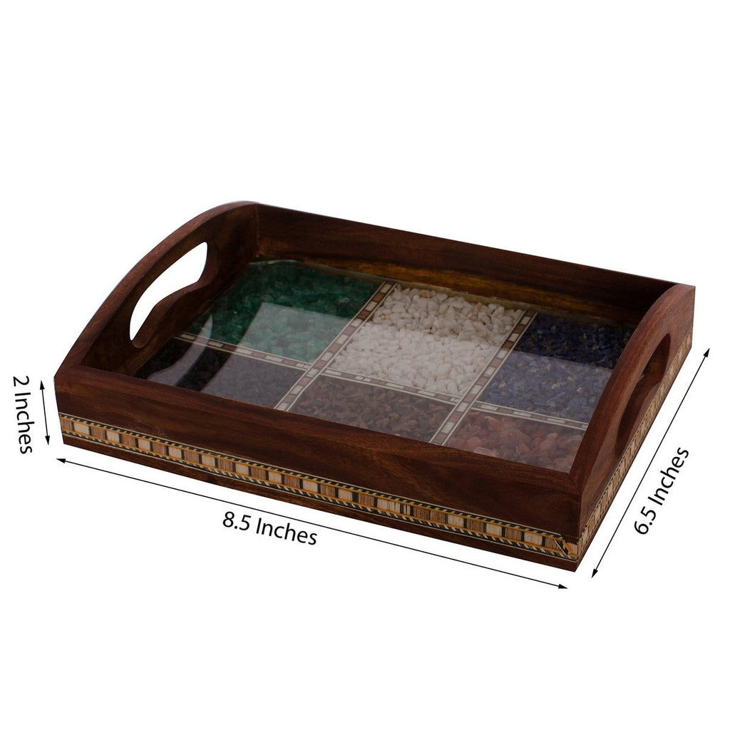 Multipurpose Gemstone Filled Rectangle Brown Wooden Serving Tray Kafalo