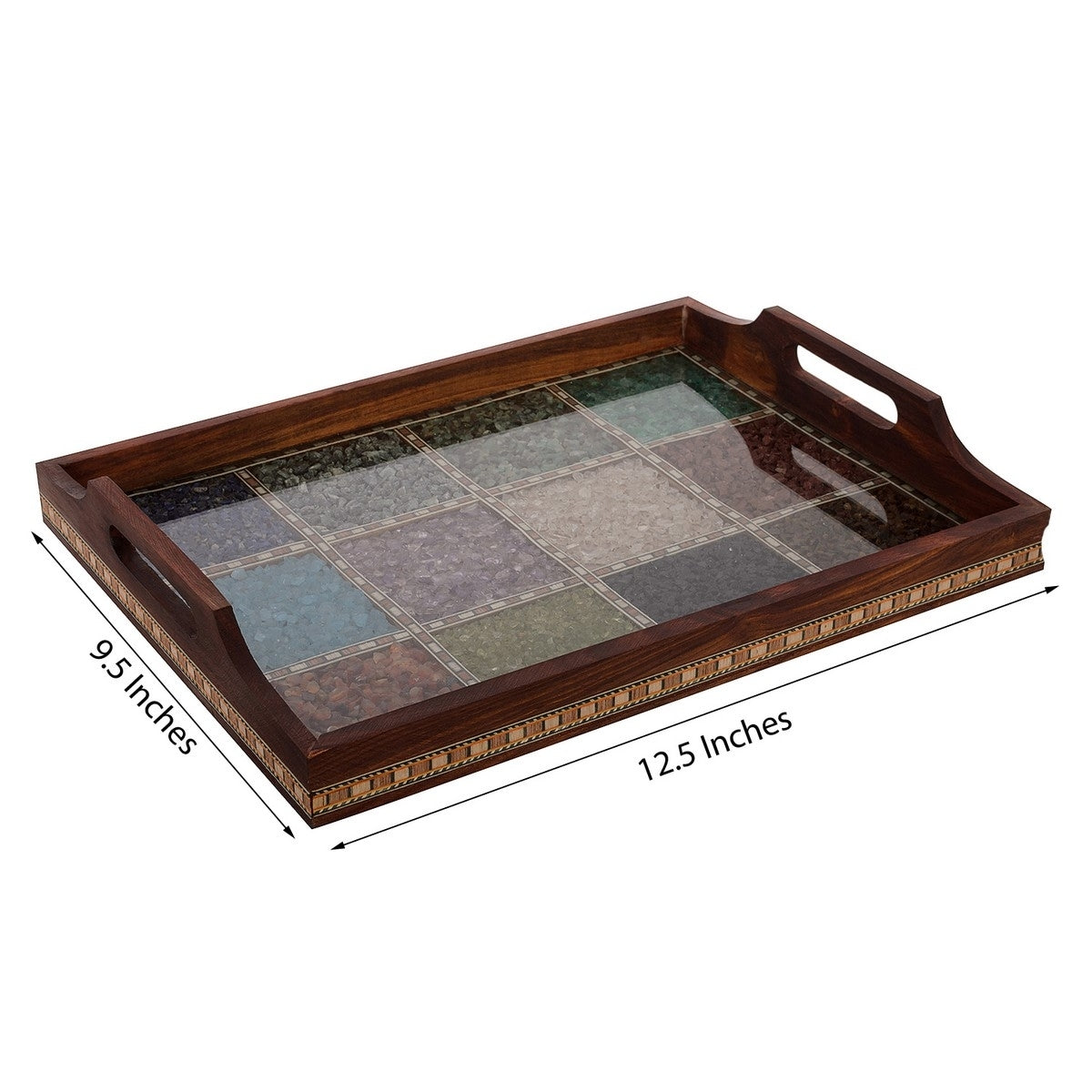 Multipurpose Gemstone Filled 12 Sq Brown Wooden Utility Tray Kafalo