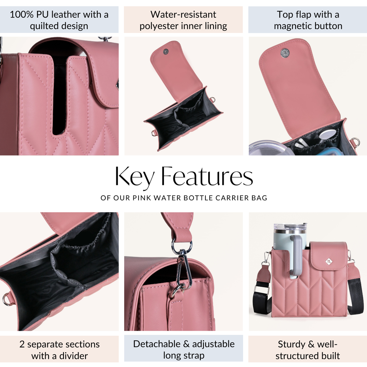 Pink Water Bottle Carrier Bag With Adjustable Strap Nestasia