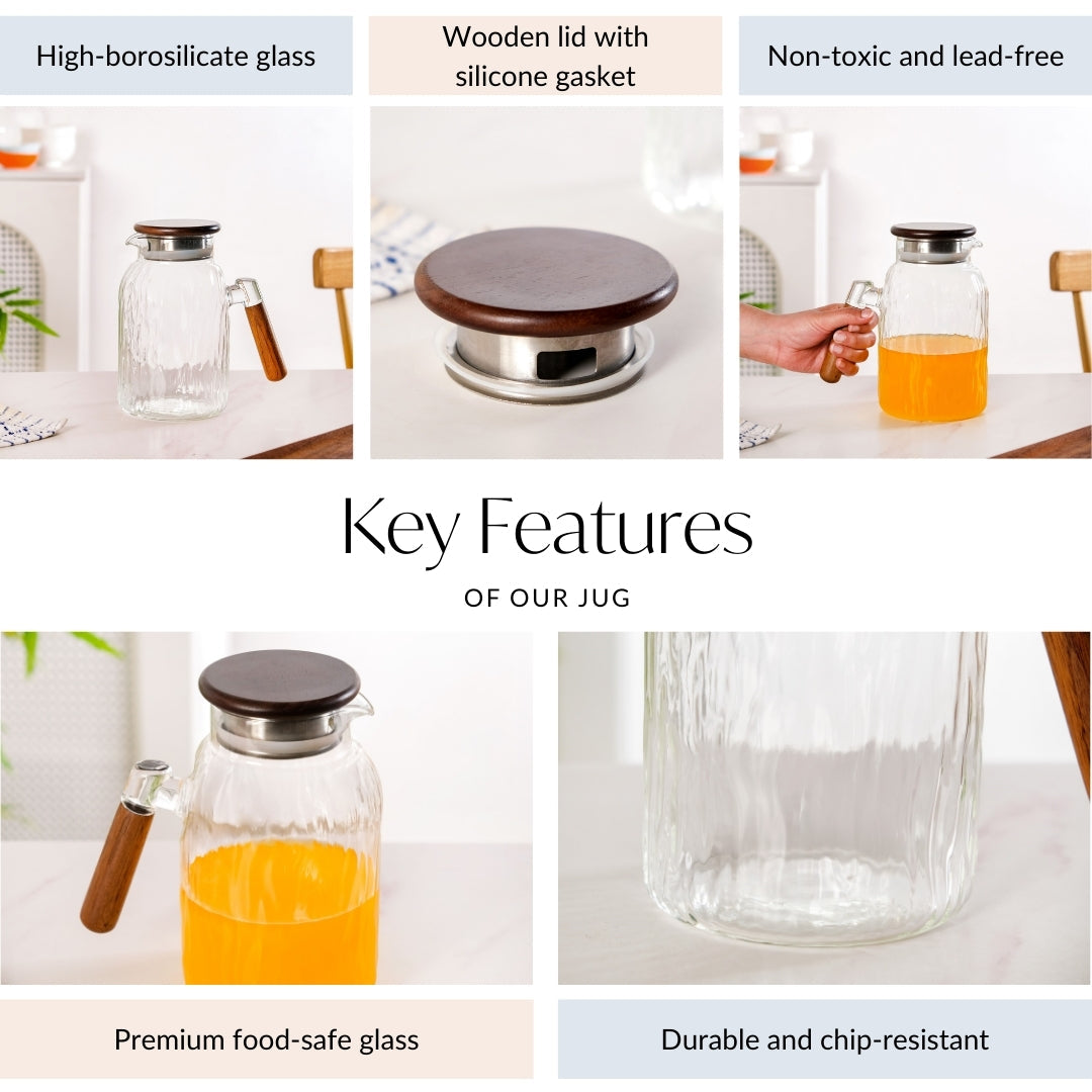 Wavy Glass Pitcher With Wooden Handle 1600ml Nestasia