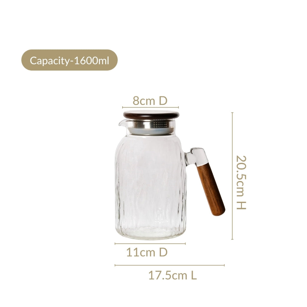 Wavy Glass Pitcher With Wooden Handle 1600ml Nestasia