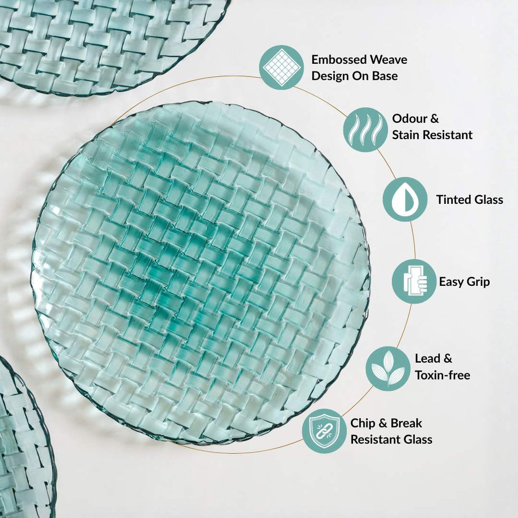 Weave Design Glass Dinner Plate Set Of 6 Teal 25cm Nestasia