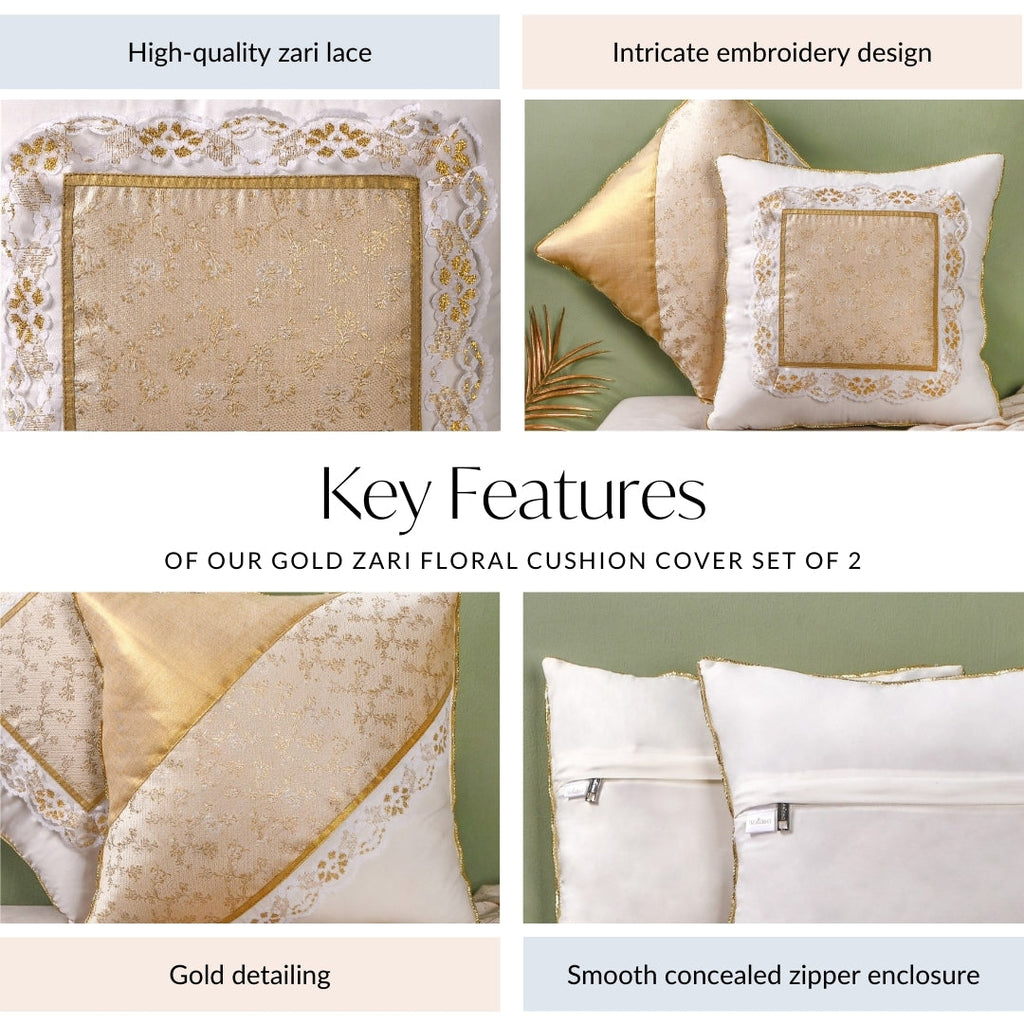 Gold Zari Floral Cushion Cover Set Of 2 Nestasia