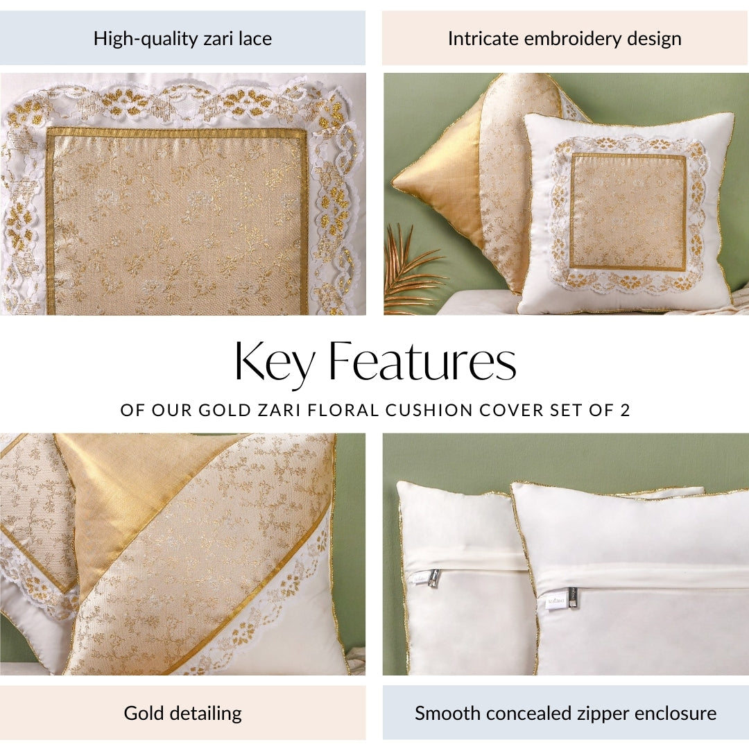 Gold Zari Floral Cushion Cover Set Of 2 Nestasia