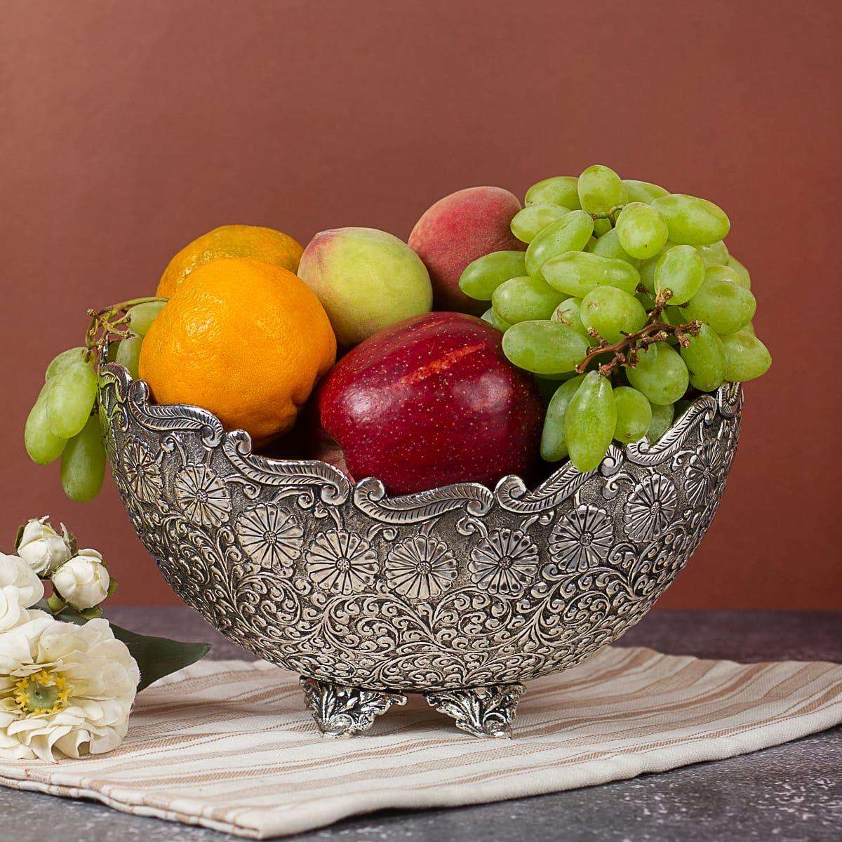 Brass Silver Plated Decorative Basket with Floral Design (5.3 Inch) Vedansh Craft