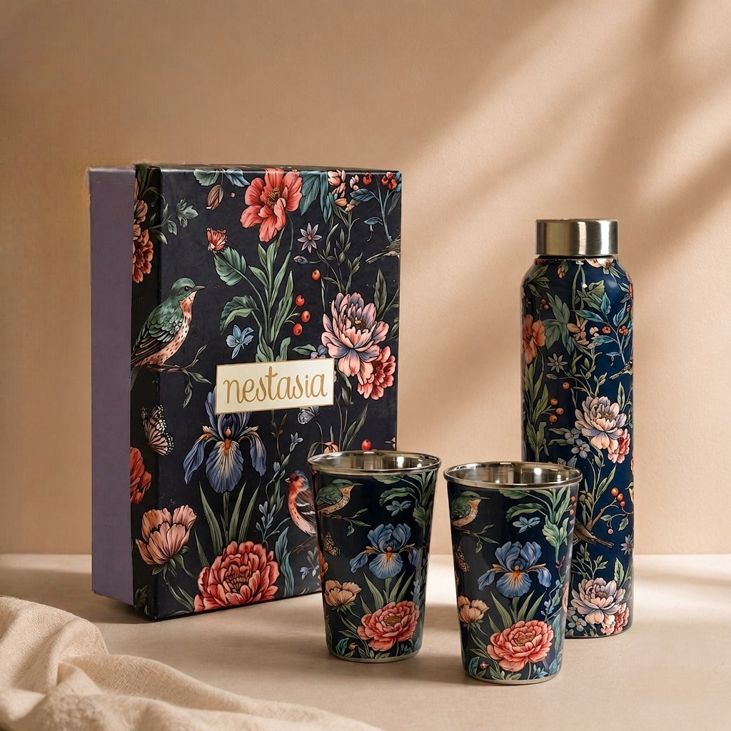 Floral Printed Stainless Steel Bottle And Tumbler Gift Set Of 3 Nestasia