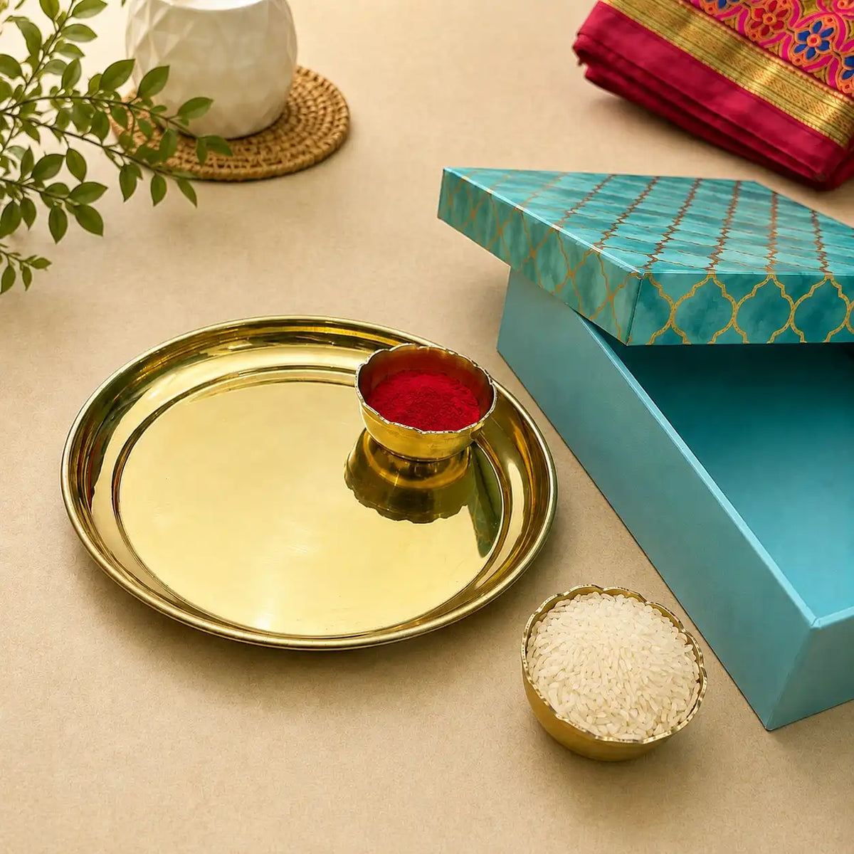 Brass Pooja Thali & Bowl Pair Gift Hamper Vedansh Craft