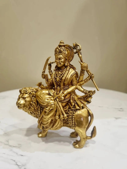 Modern Brass Lightweight Durgaa Murti | A Spiritual Accent for Indian Interiors | Lightweight Brass Durgaa Murti ( Yellow, 5.2 inch)