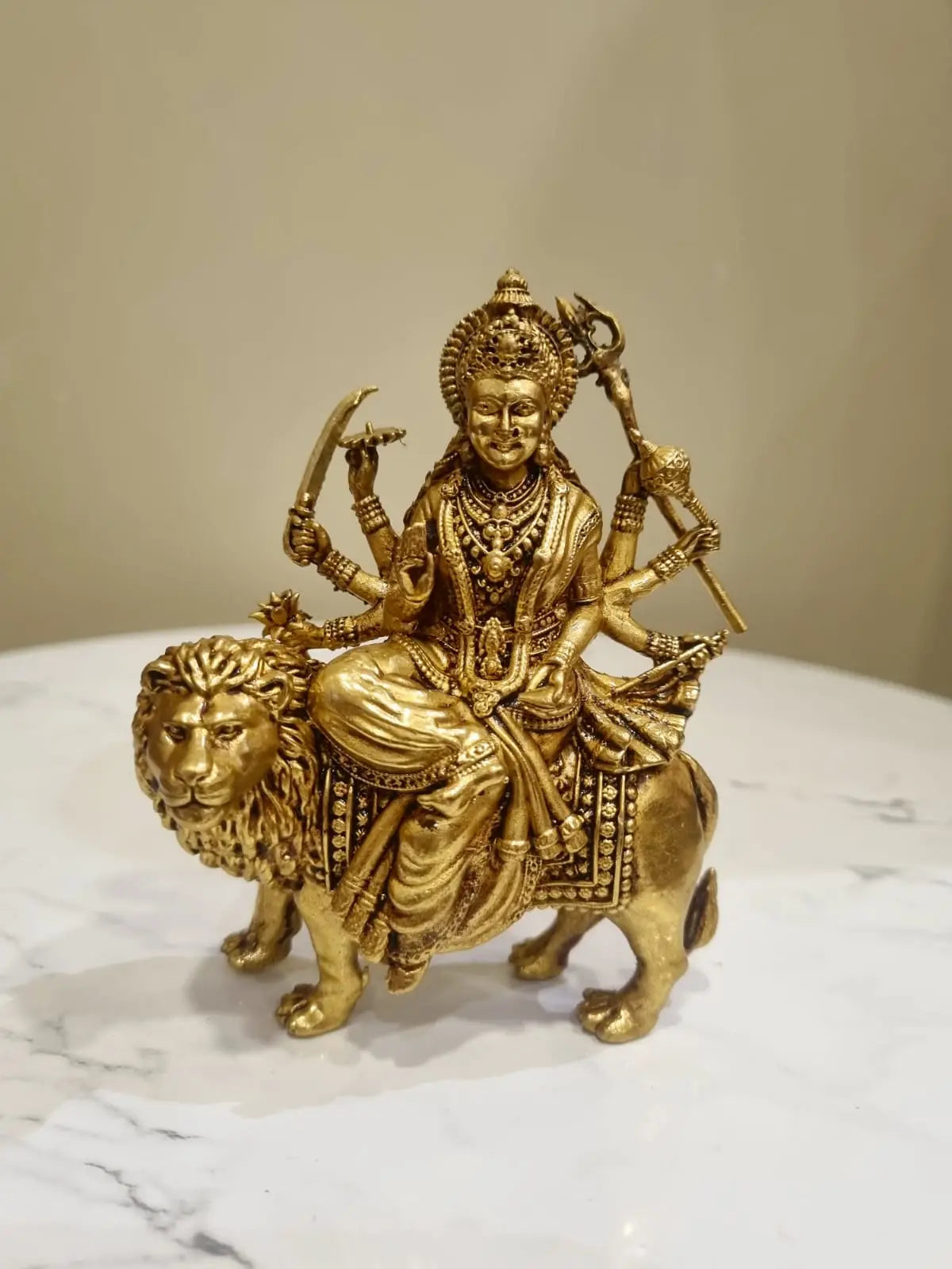 Modern Brass Lightweight Durgaa Murti | A Spiritual Accent for Indian Interiors | Lightweight Brass Durgaa Murti ( Yellow, 5.2 inch)