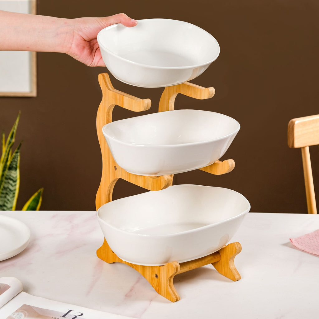 White 3 Tier Ceramic Fruit Bowl With Stand Nestasia