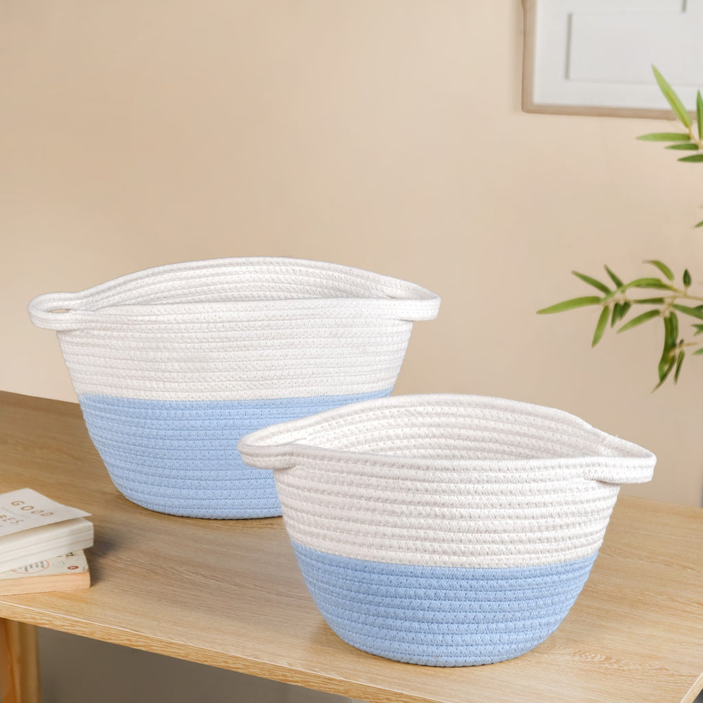 White And Blue Rope Basket Set Of 2 20cm And 18cm Nestasia