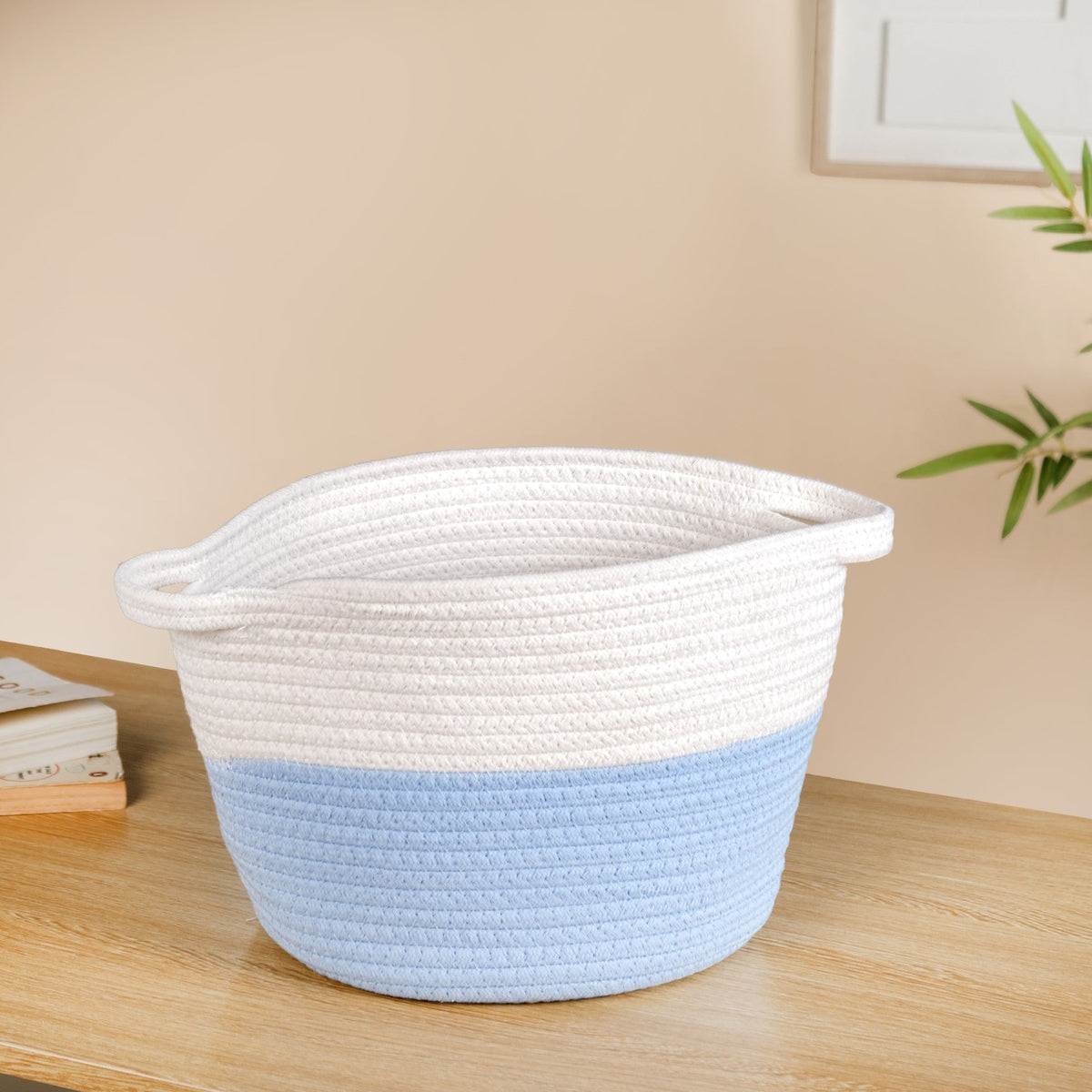 White And Blue Rope Basket Set Of 2 20cm And 18cm Nestasia