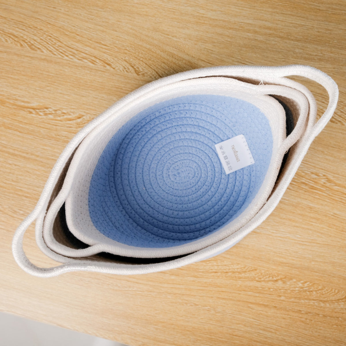 White And Blue Rope Basket Set Of 2 20cm And 18cm Nestasia