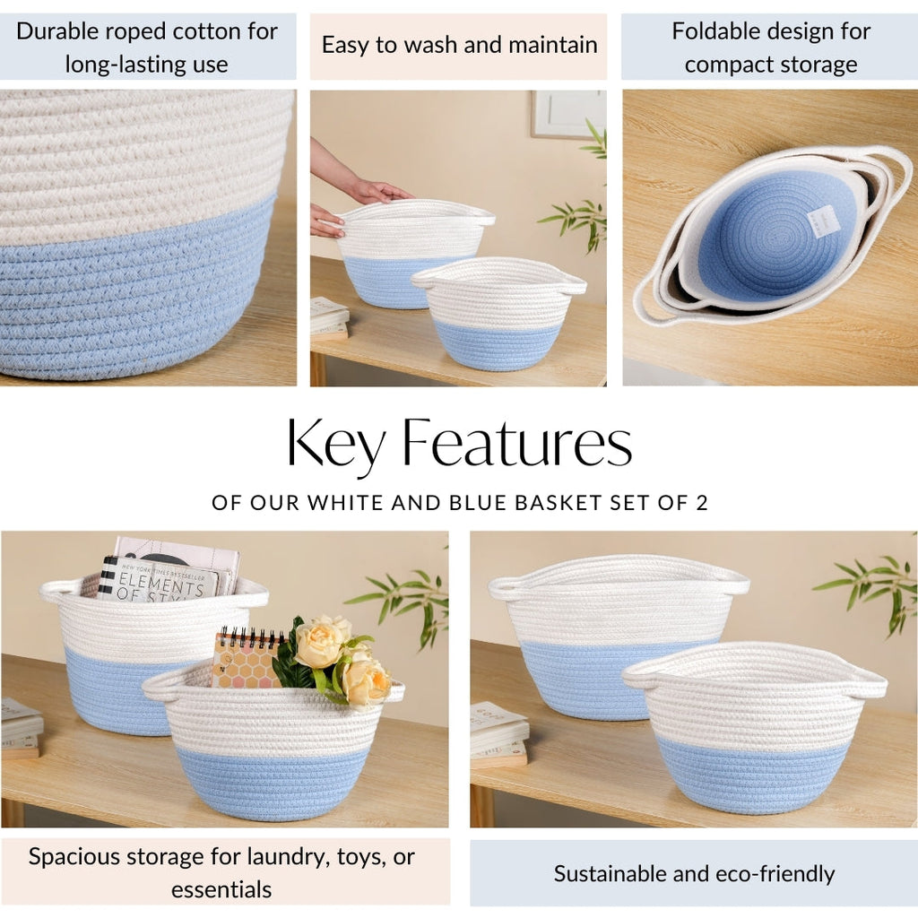 White And Blue Rope Basket Set Of 2 20cm And 18cm Nestasia